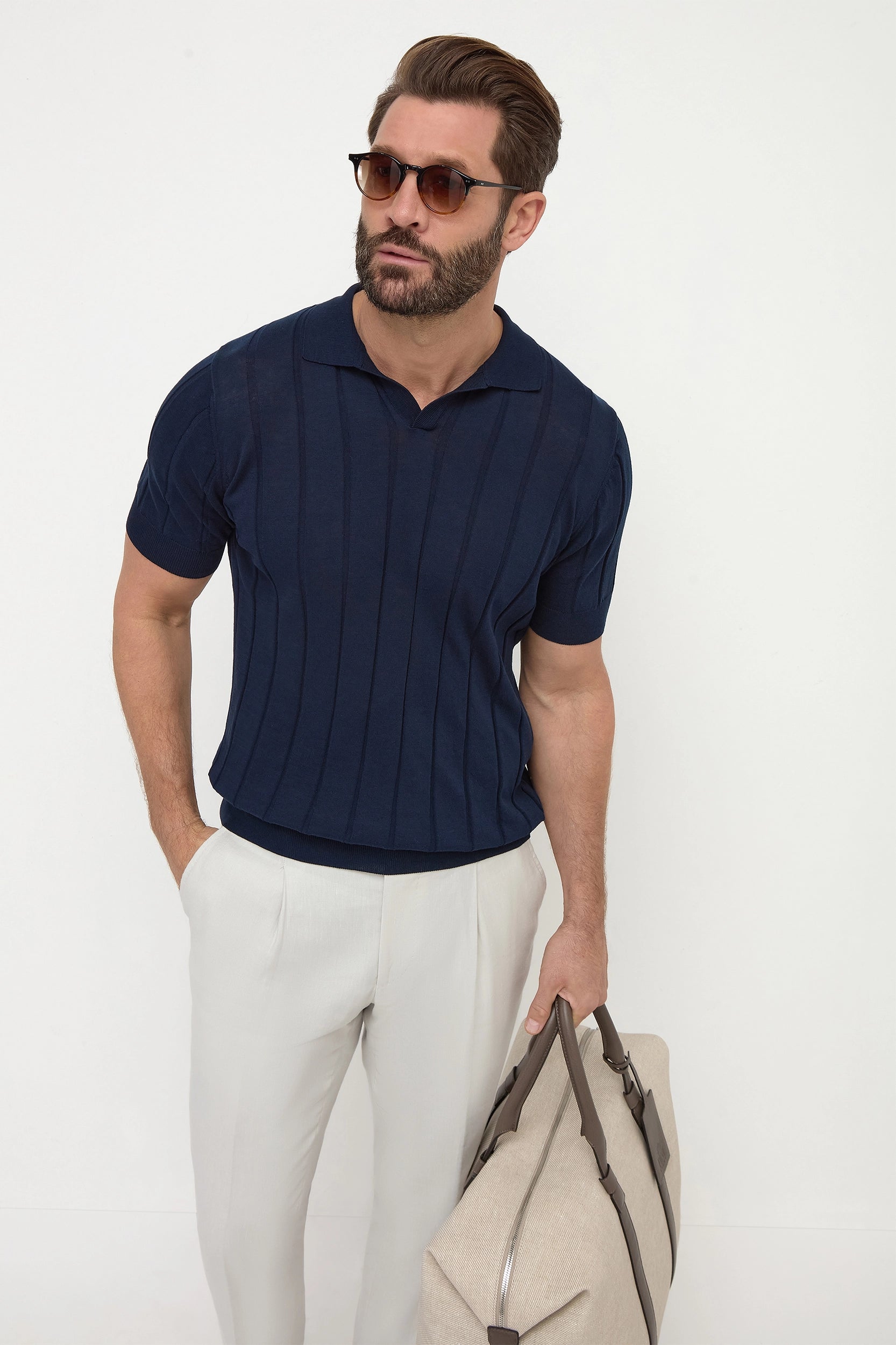 Blue ribbed polo Made in Italy - Main Image