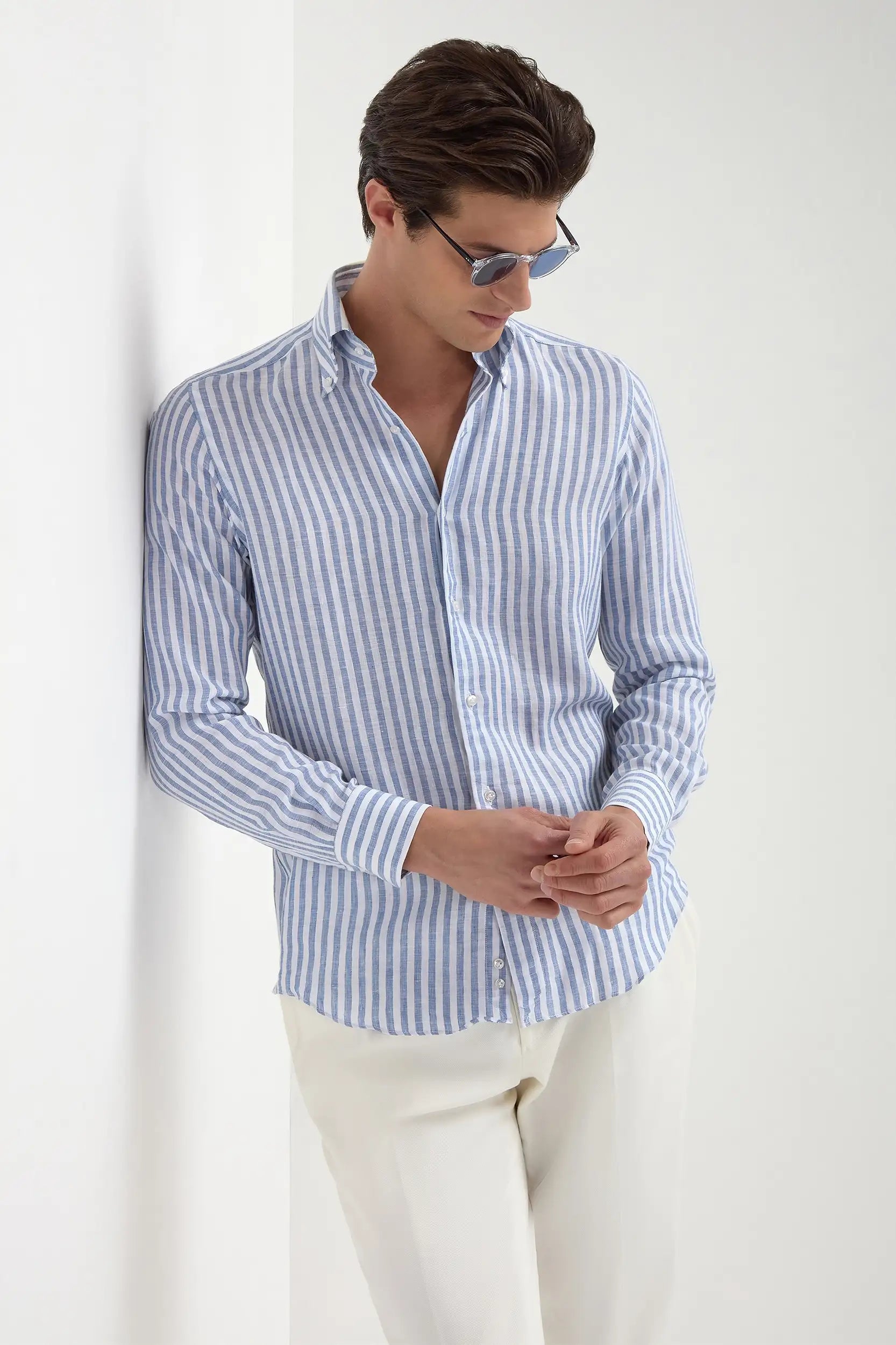 Blue striped linen button down shirt Made in Italy
