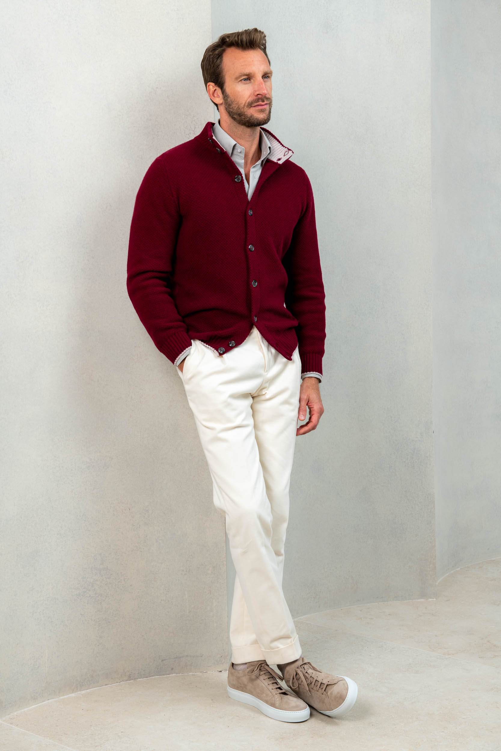 Bordeaux textured cashmere blend cardigan – Made in Italy