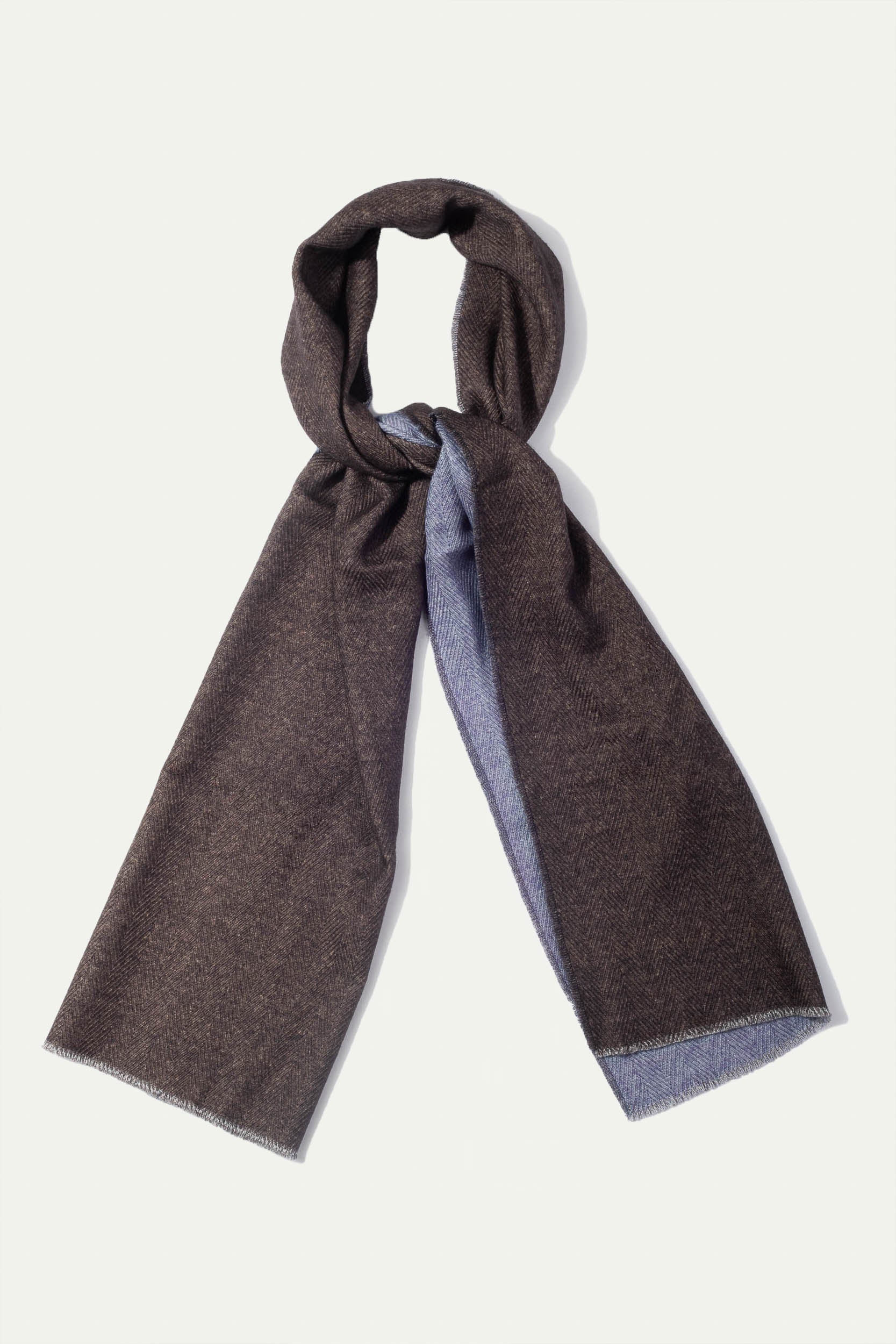 Brown and light blue reversible herringbone scarf - Made in Italy