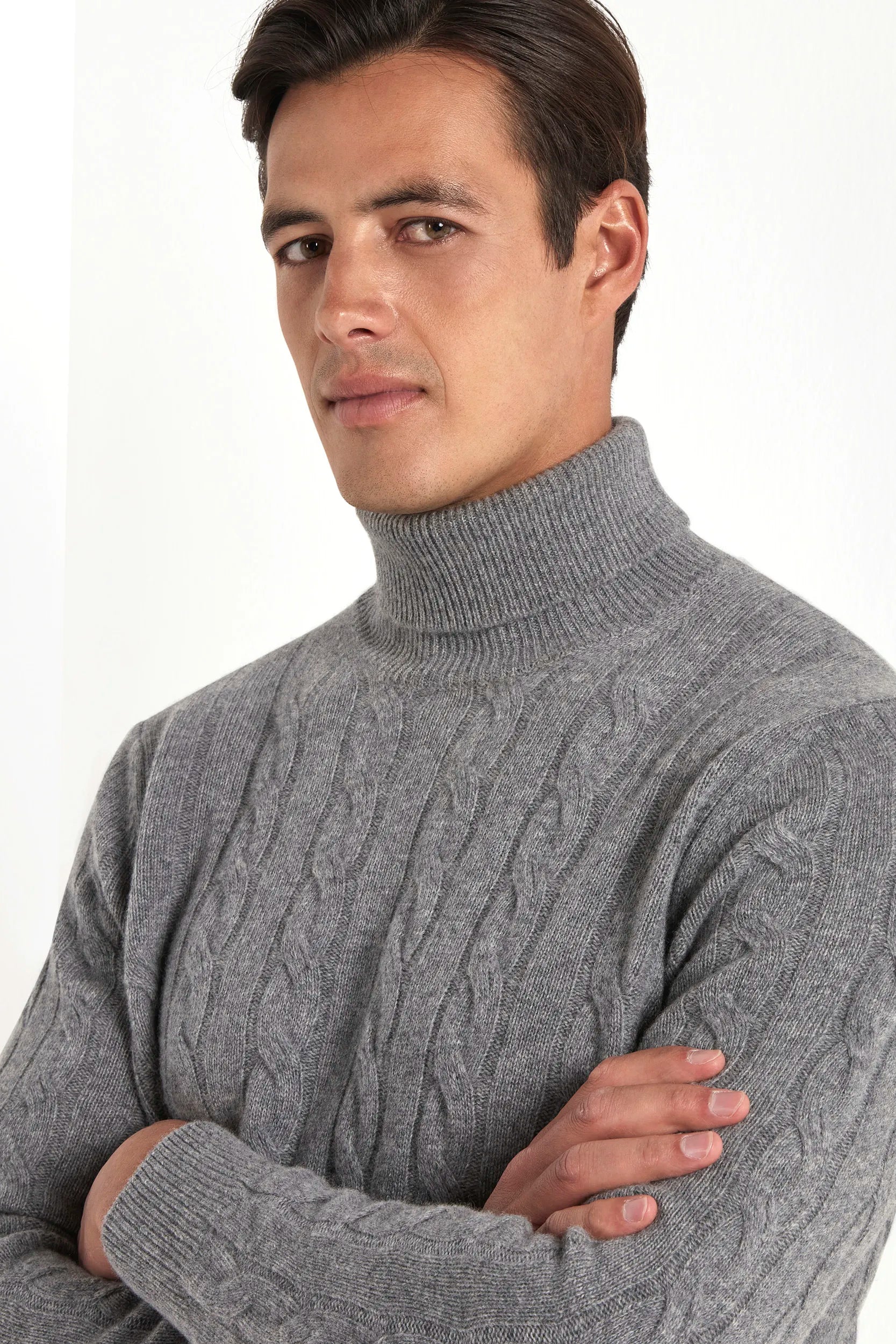 Mid grey cable knit turtleneck – Made in Italy Mid grey cable knit turtleneck – Made in Italy