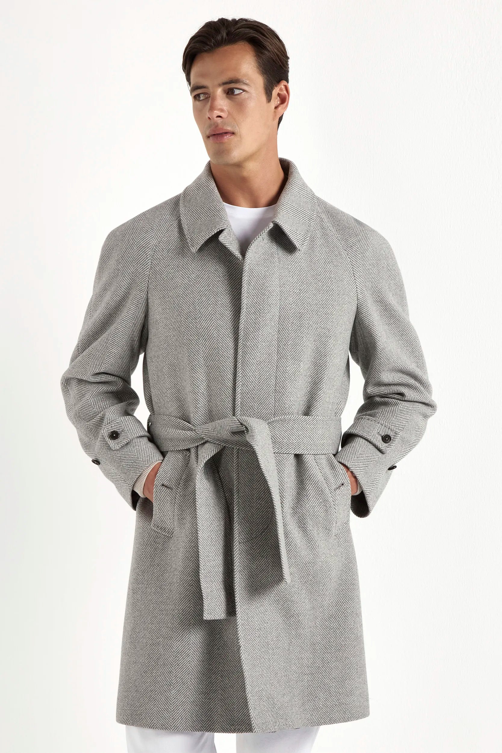 Pini Parma Grey Herringbone Raglan Overcoat