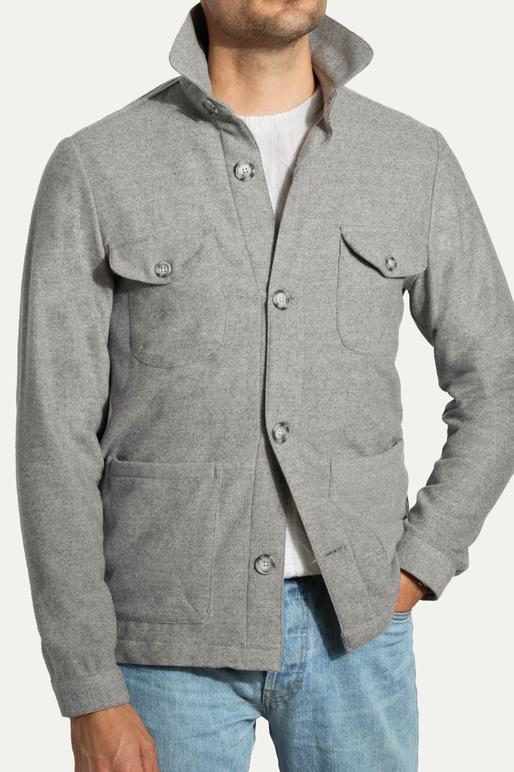 grey safari jacket, grey flannel safari jacket, flannel safari jacket, saharienne flanelle, saharienne grise flanelle, saharienne hiver, veste safari hiver, veste safari gris, veste safari grise, veste safari flanelle