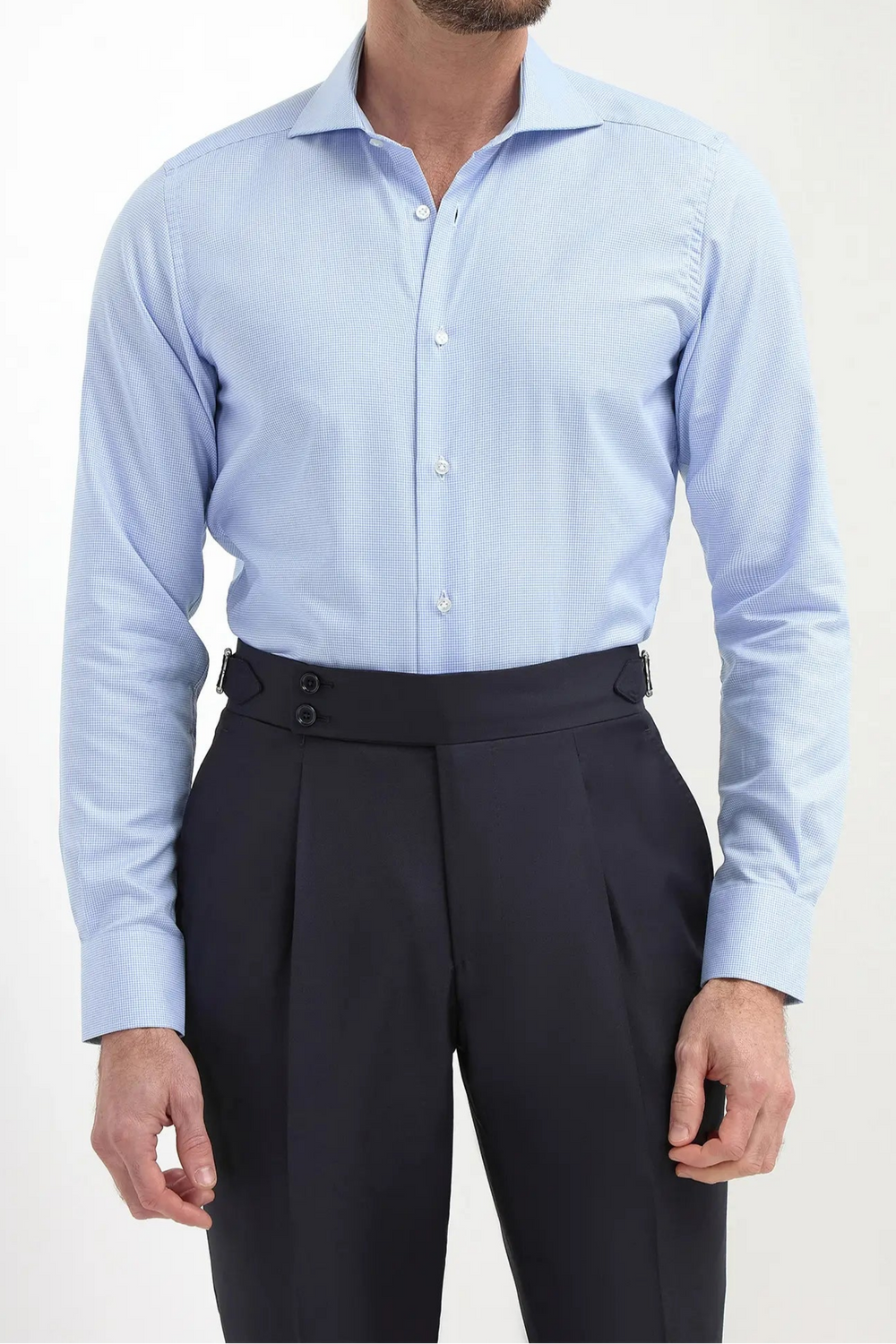 Light blue shirt with houndstooth pattern, Italian light blue houndstooth shirt, luxury patterned shirt, premium houndstooth shirt for men, elegant light blue dress shirt, handcrafted Italian shirt, classic houndstooth patterned shirt, stylish formal shirt, chemise bleu clair à motif pied-de-poule italienne, chemise de luxe à pied-de-poule, chemise élégante bleu clair, chemise en coton à motif faite à la main en Italie, camicia azzurra con motivo pied-de-poule, camicia elegante in cotone italiano