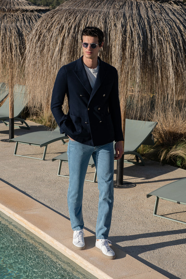 Navy Jersey Jacket, Double Breasted Jersey Jacket, Blue Navy Jersey Jacket, Veste en jersey bleu marine, Veste en jersey à double boutonnage, Veste en jersey bleu marine, Giacca in jersey navy, giacca in jersey doppiopetto, giacca in jersey blu navy,