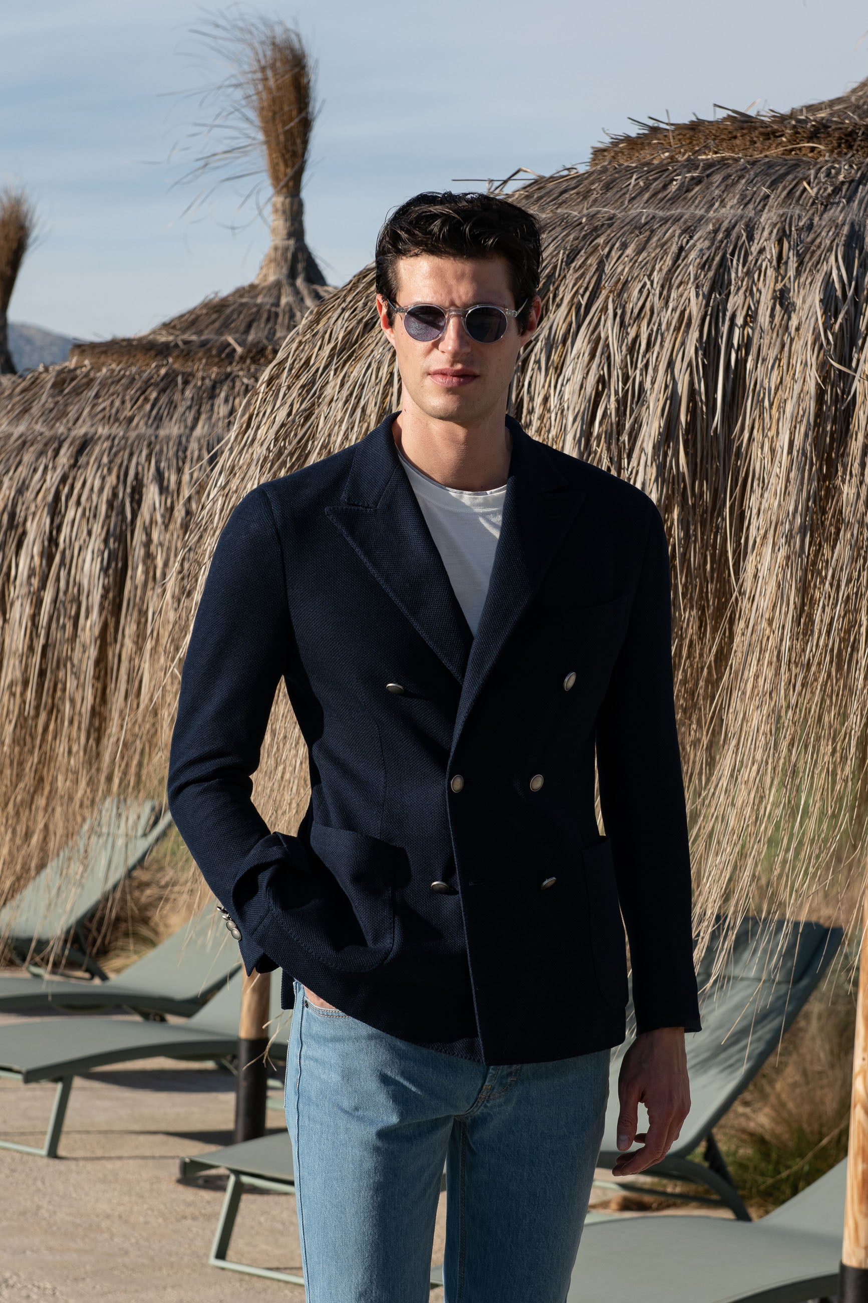Jacquard Double Breasted Jacket in Navy