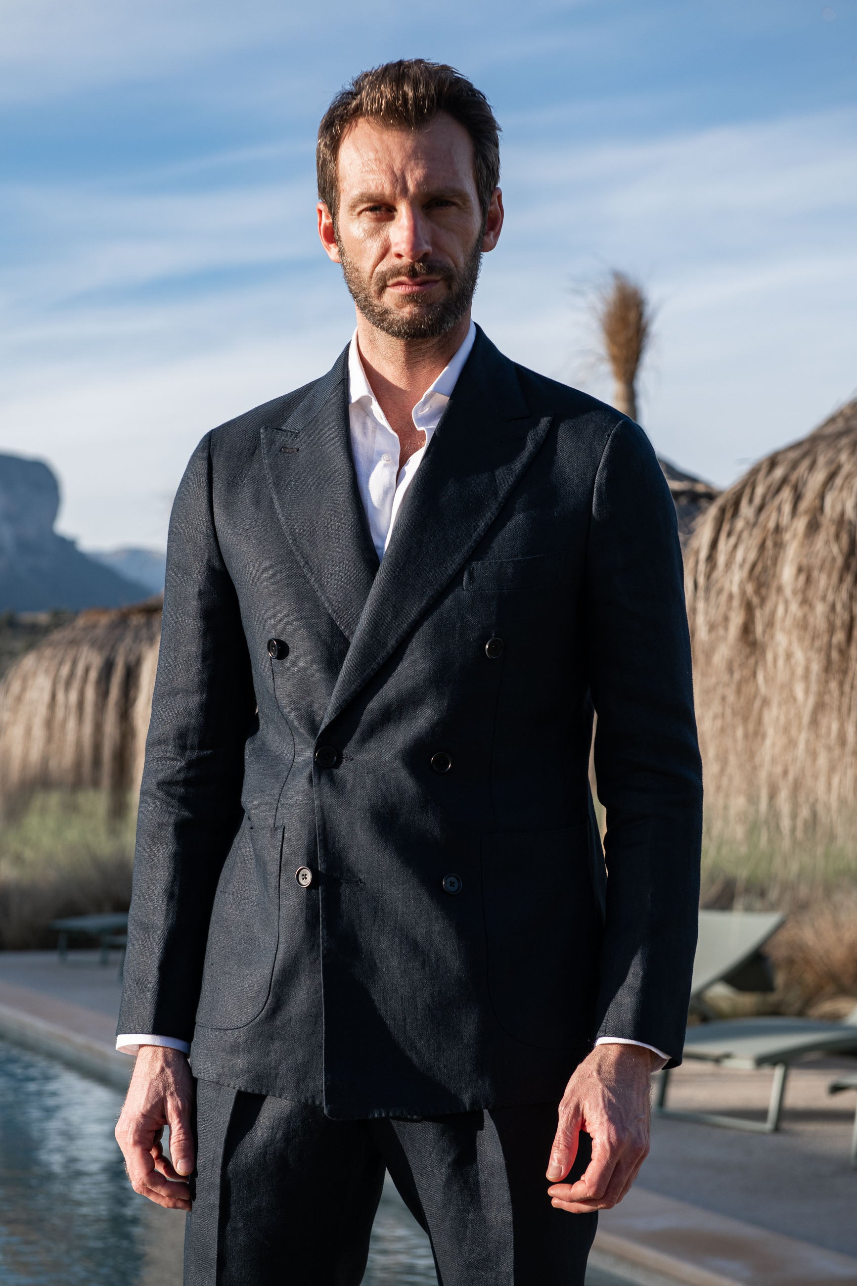 Navy double breasted linen jacket Made in Italy