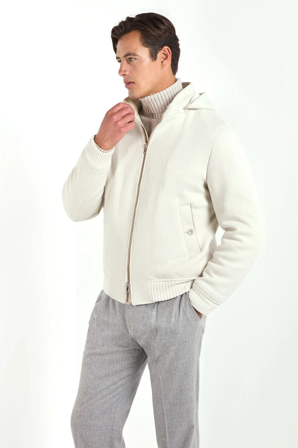 off white hooded bomber, men's hooded bomber, italian hooded bomber, off white bomber jacket, luxury men's bomber, elegant men's bomber, refined hooded bomber, tailored off white bomber, premium italian bomber, sophisticated men's bomber, timeless italian bomber, upscale men's bomber, classic off white bomber, italian craftsmanship bomber, premium men's off white bomber, refined italian bomber