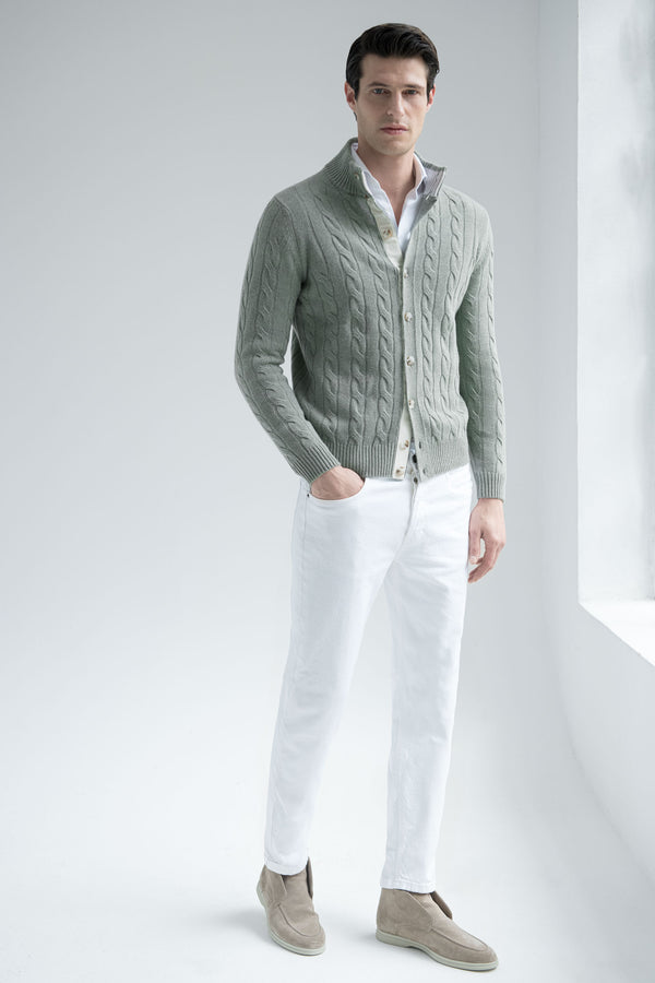 Cardigan en maille torsadée sauge – Made in Italy