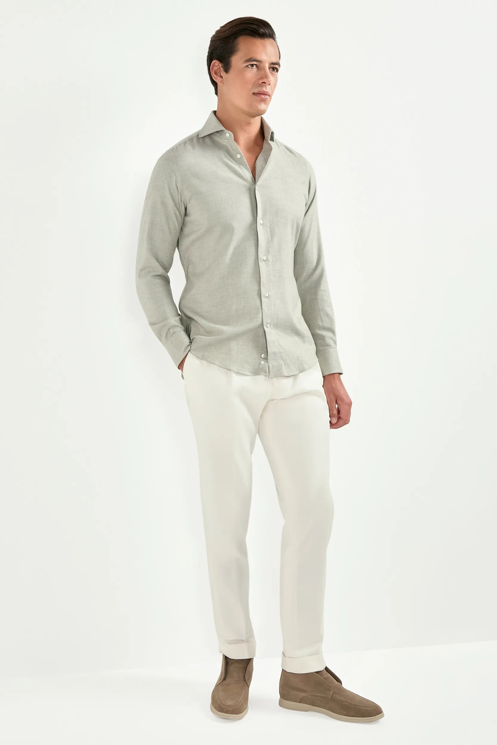 Sage cotton Tencel shirt, Italian style, made in Italy, lightweight breathable cotton-Tencel shirt, luxury menswear shirt, elegant casual shirt, refined Italian tailoring, premium sustainable fabric, smart casual layering shirt, versatile everyday shirt, soft cotton Tencel blend, upscale Italian craftsmanship, polished casual shirt, classic sage cotton shirt, timeless Italian shirt, sophisticated modern menswear