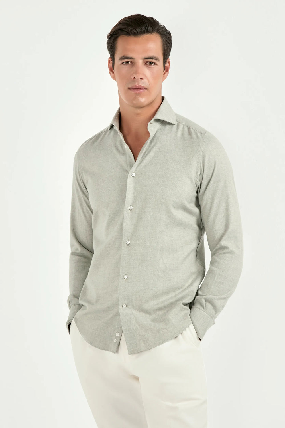 Sage cotton Tencel shirt, Italian style, made in Italy, lightweight breathable cotton-Tencel shirt, luxury menswear shirt, elegant casual shirt, refined Italian tailoring, premium sustainable fabric, smart casual layering shirt, versatile everyday shirt, soft cotton Tencel blend, upscale Italian craftsmanship, polished casual shirt, classic sage cotton shirt, timeless Italian shirt, sophisticated modern menswear
