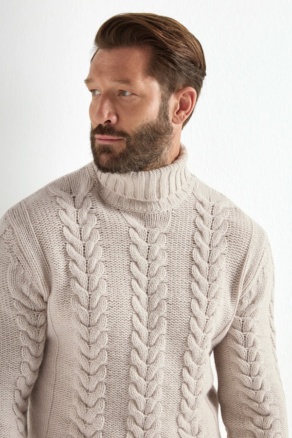 sand cable turtleneck, men's cable turtleneck, italian wool turtleneck, sand knit turtleneck, luxury men's turtleneck, elegant men's knitwear, refined cable knit turtleneck, tailored sand turtleneck, premium italian turtleneck, sophisticated men's sweater, timeless italian knitwear, upscale men's turtleneck, classic sand turtleneck, italian craftsmanship knitwear, premium men's wool turtleneck, refined italian turtleneck