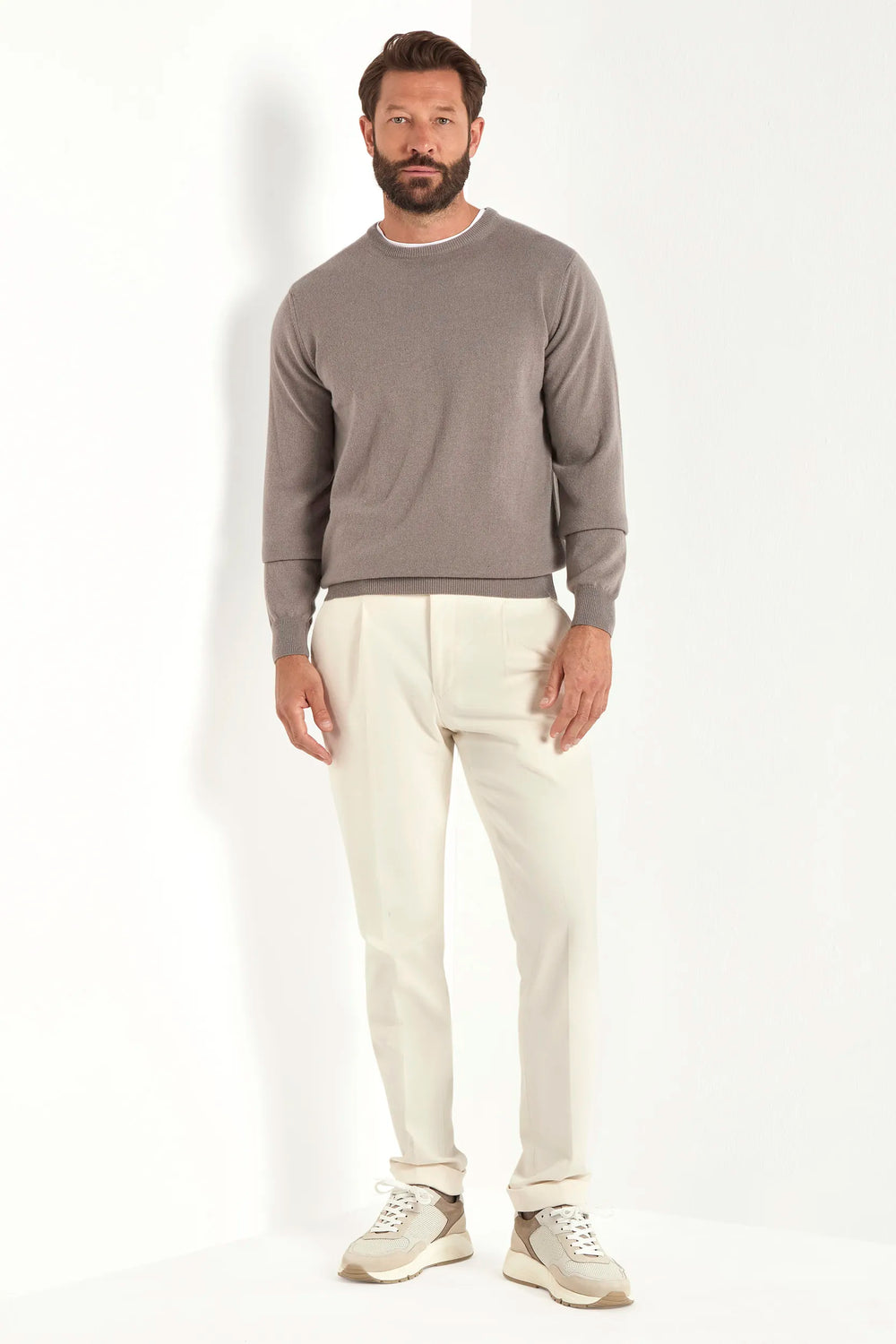 Taupe cashmere round neck – Made in italy