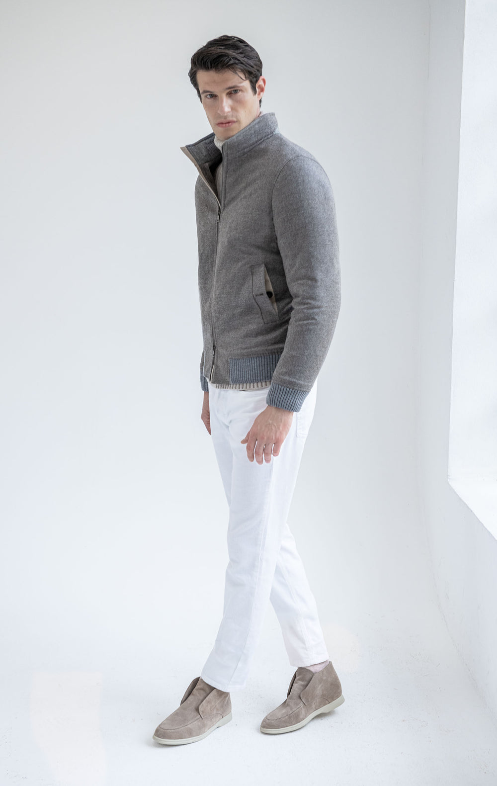 Bomber taupe imbottito in lana e cashmere – Made in Italy