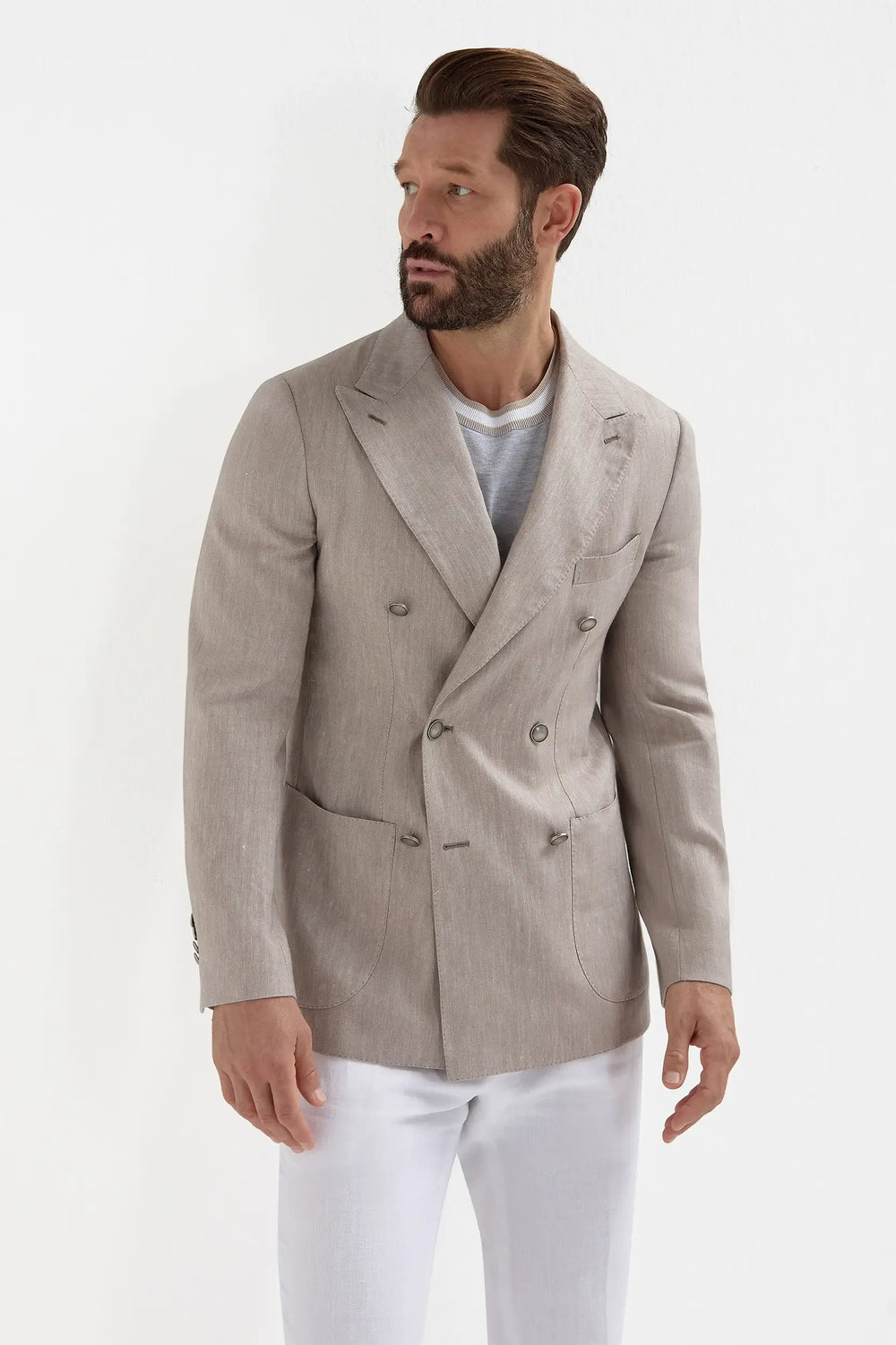 Giacca doppiopetto color taupe a spina di pesce - Made in Italy