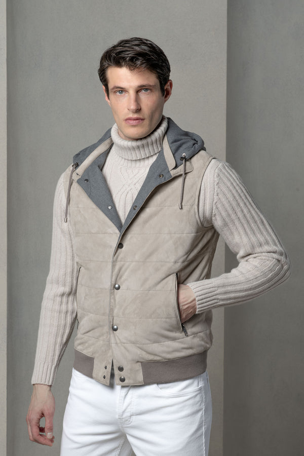 Gilet imbottito in camoscio taupe - Made in Italy