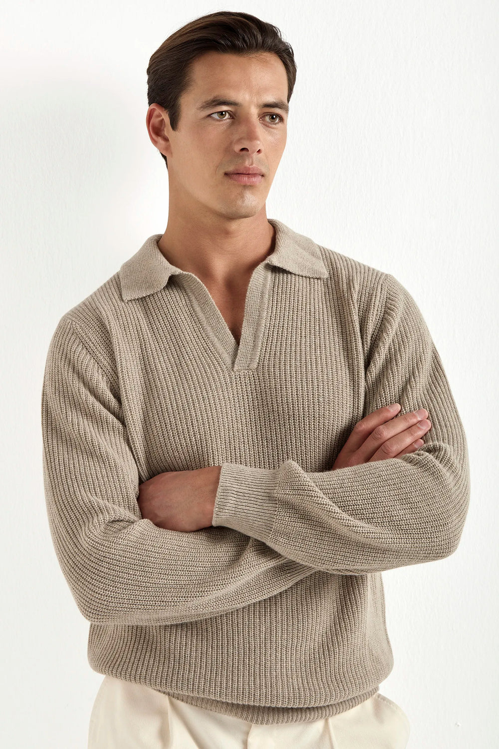 ribbed long sleeve polo, taupe long sleeve polo, taupe long sleeve ribbed polo, polo manches longues taupe, polo manches longues