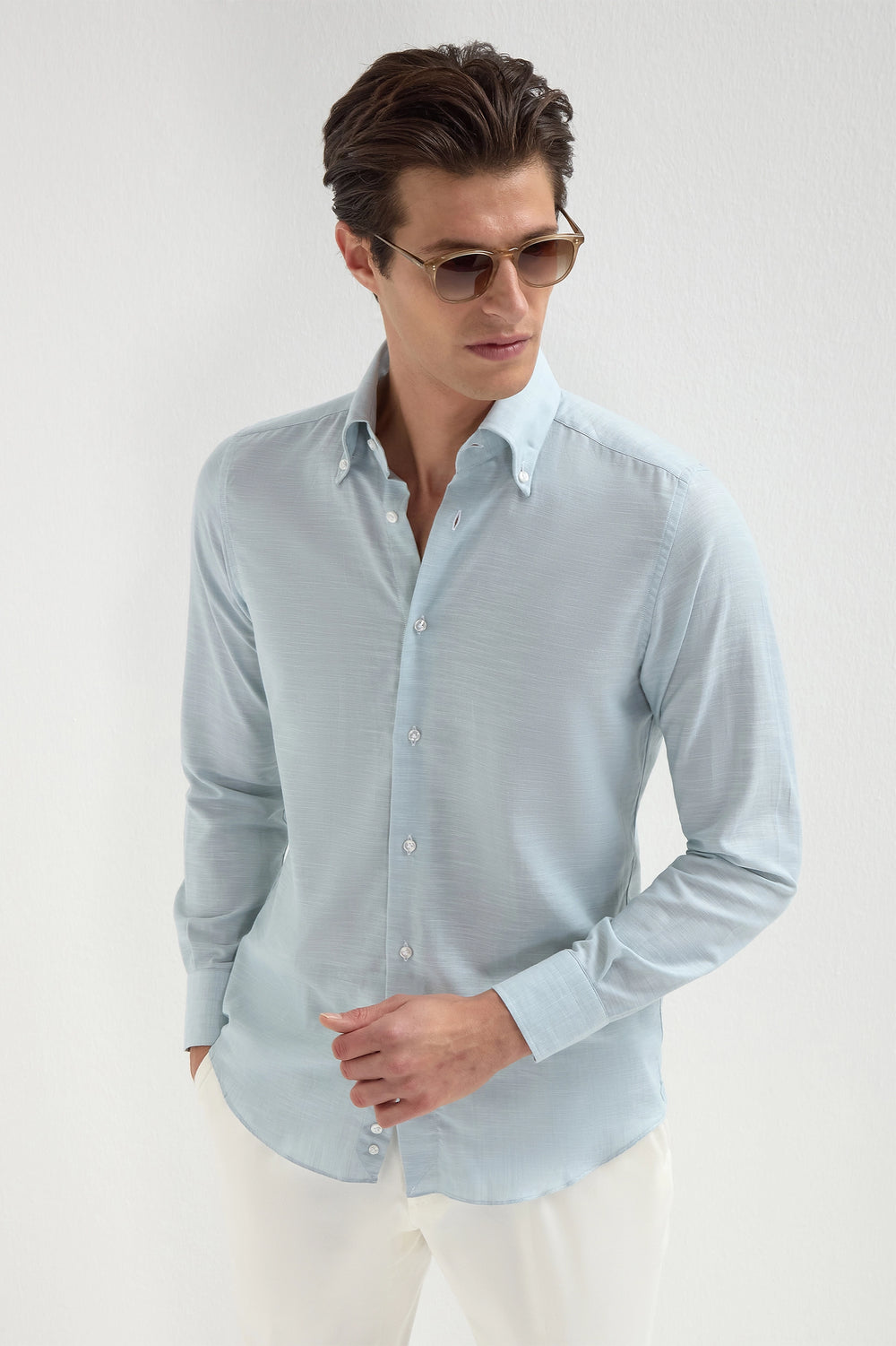 Camicia button down verde acqua in chambray - Made in Italy