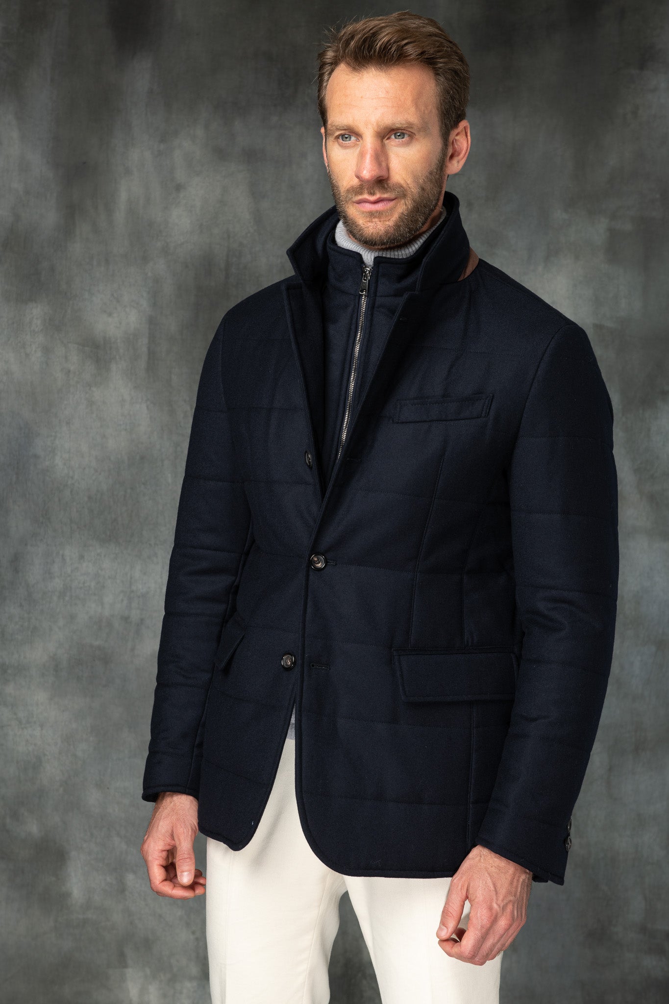 Blue down jacket in Loro Piana wool with Rain System® | Made in