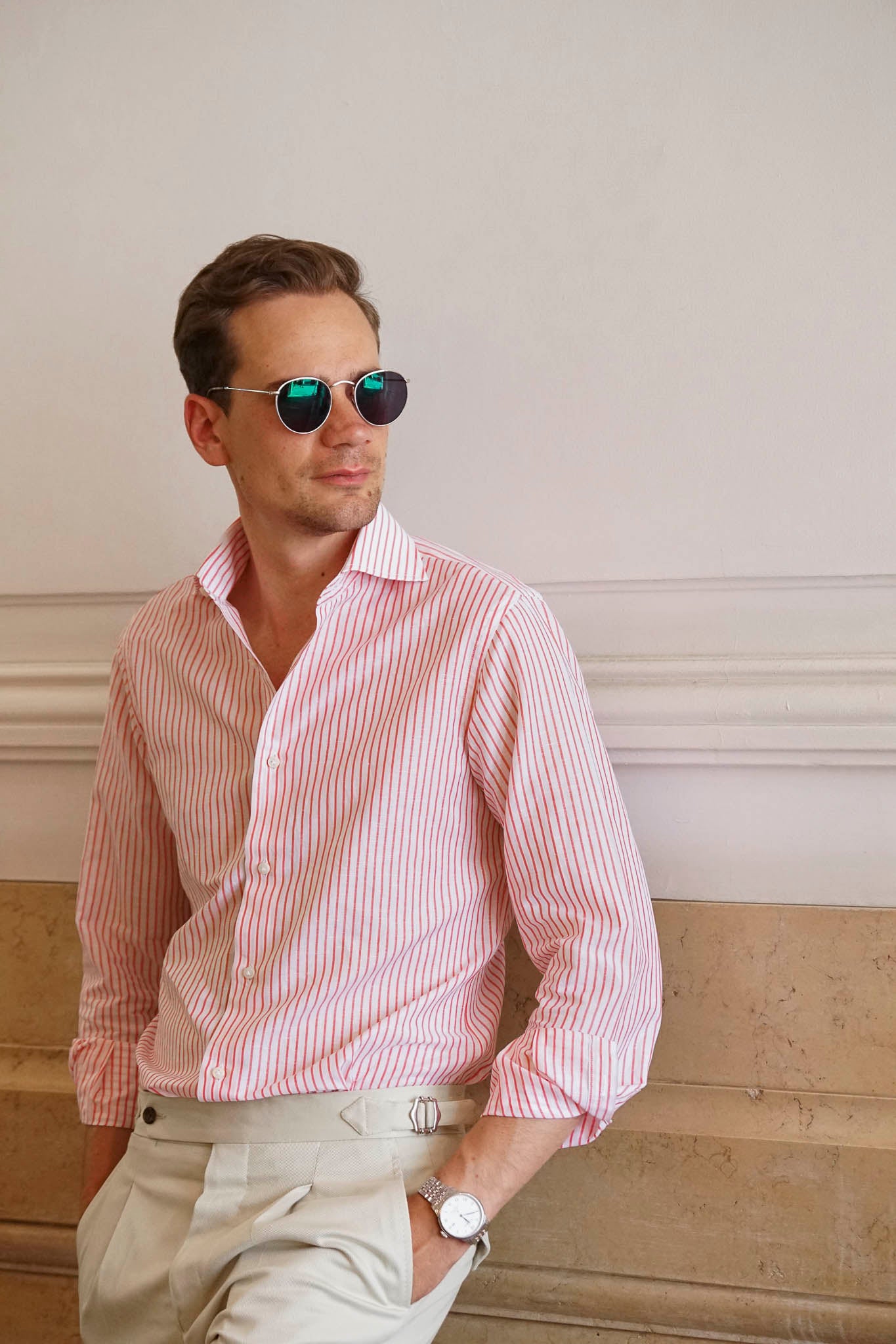 Red linen and cotton Striped Shirt - Made in Italy