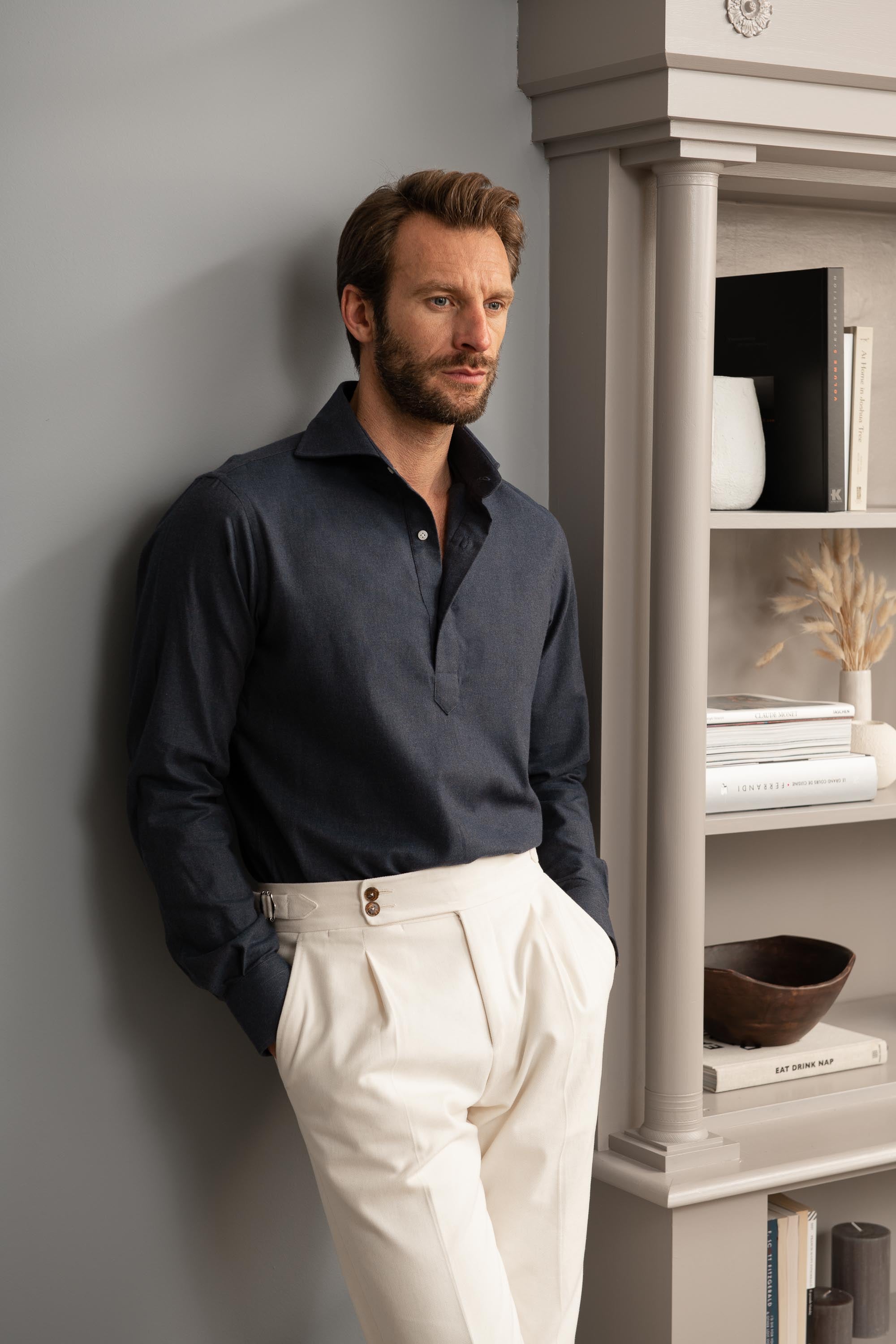 Blue Popover Shirt - Flannel Touch - Made in Italy