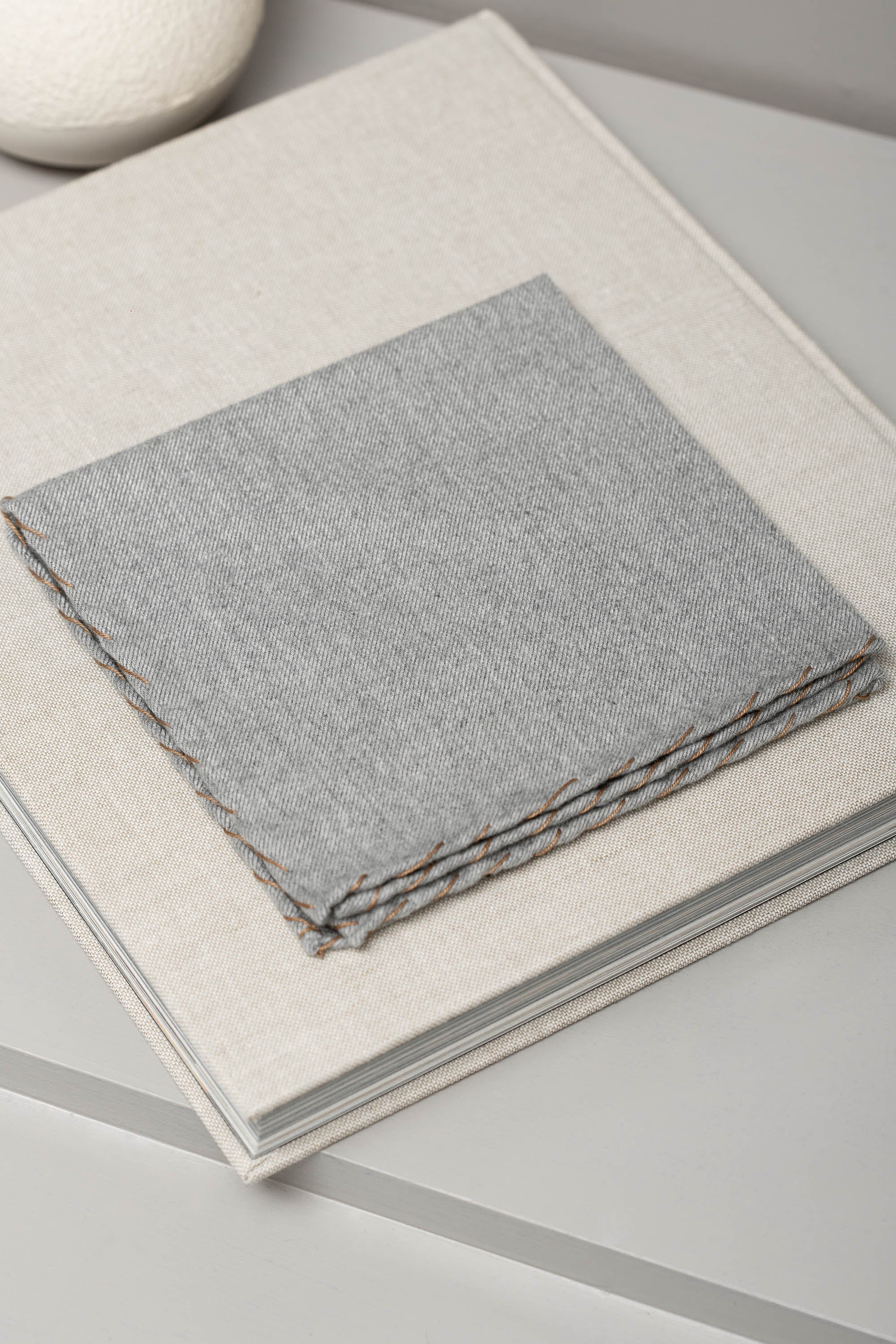 Grey flannel cotton pocket square with cognac edges - Made in Italy