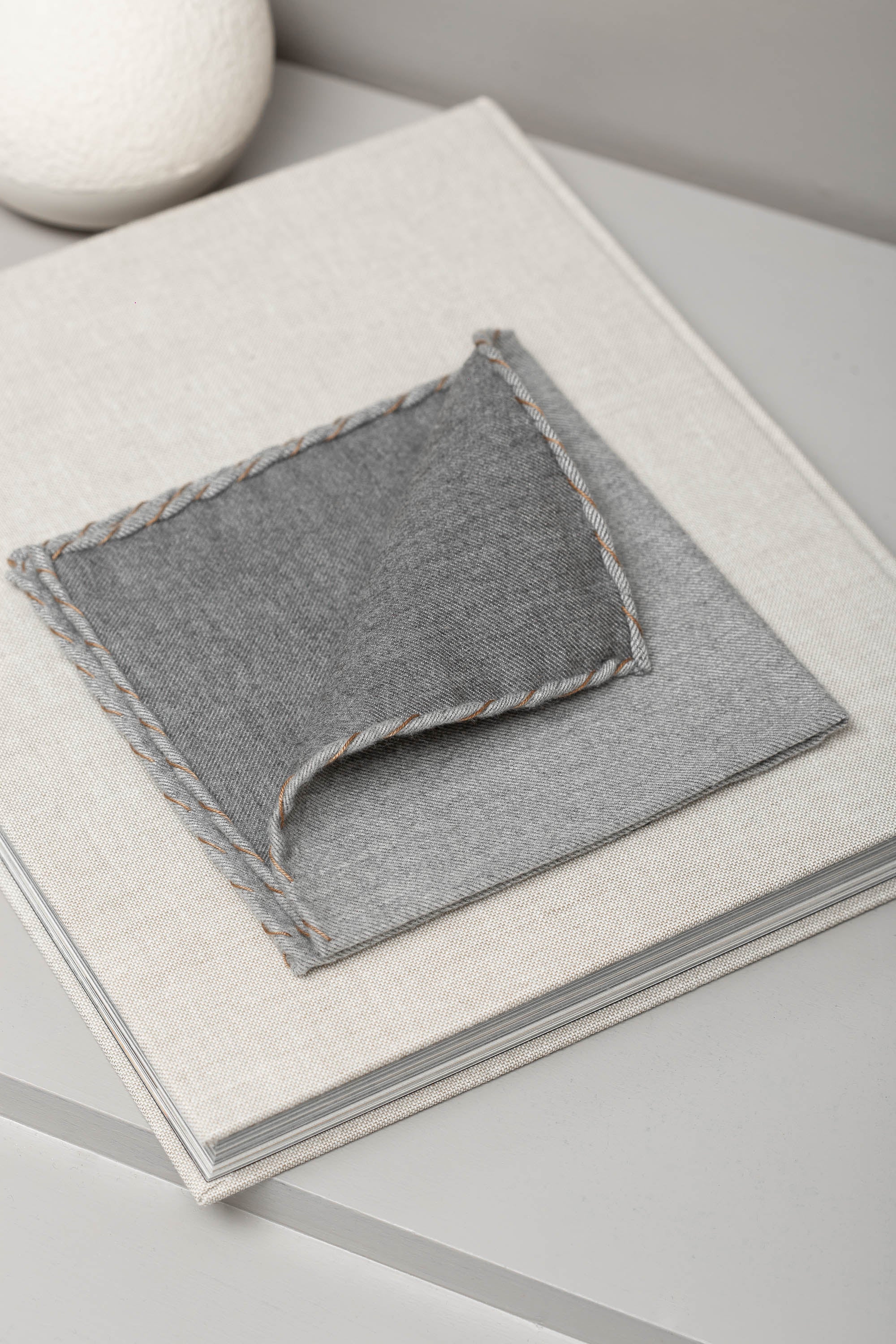 Grey flannel cotton pocket square with cognac edges - Made in Italy