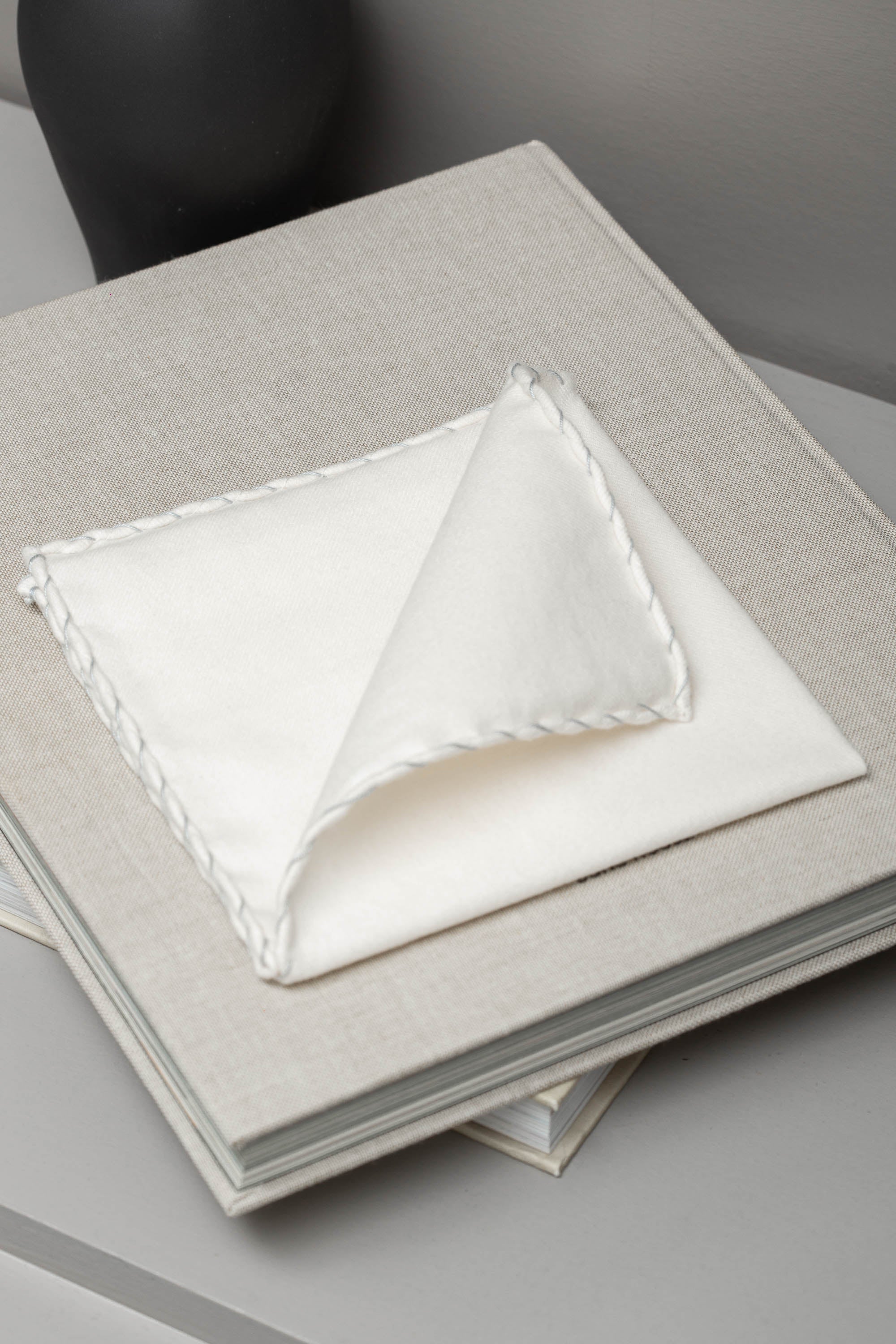 White flannel cotton pocket square with grey edges - Made in Italy