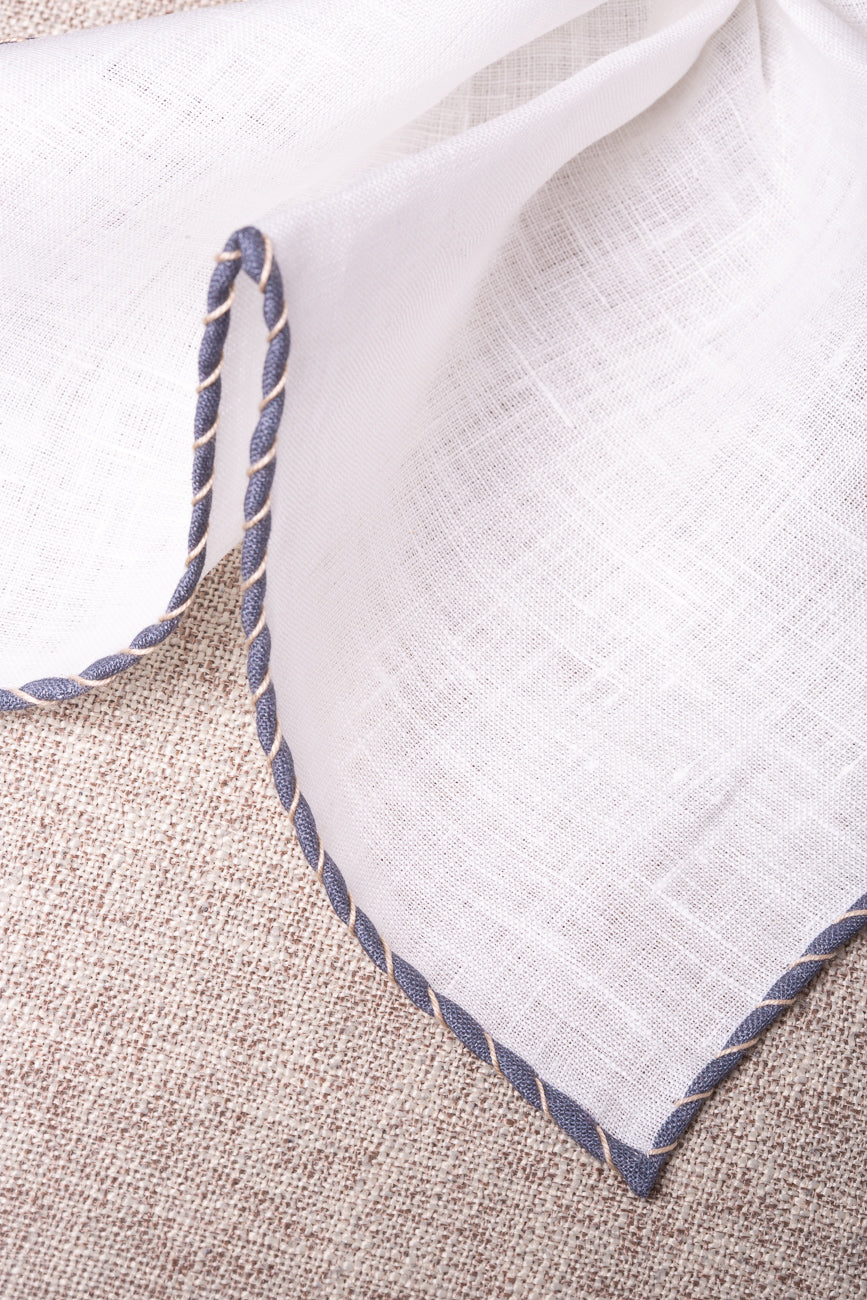 White linen pocket square with grey and beige edges - Made in Italy