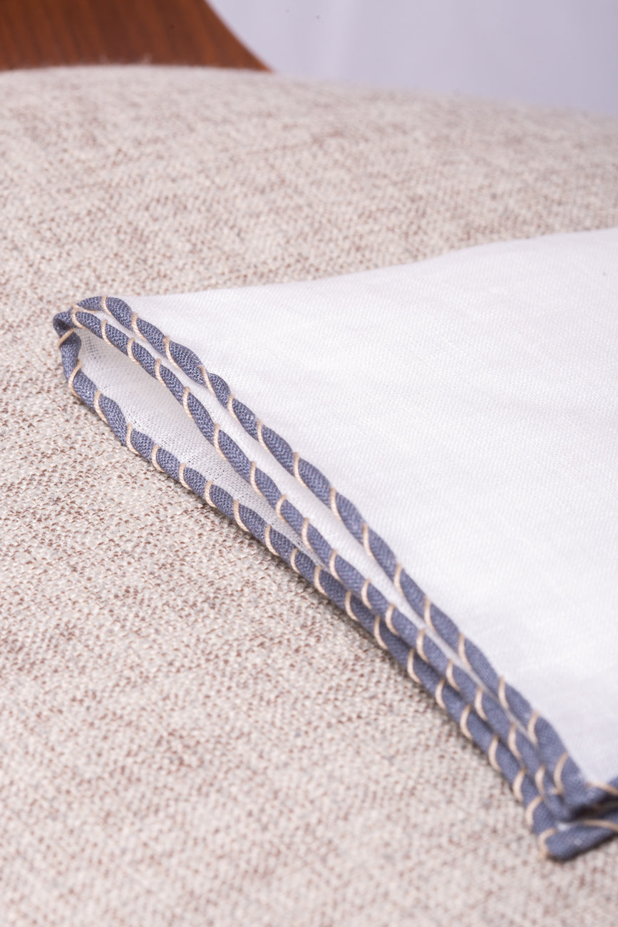 White linen pocket square with grey and beige edges - Made in Italy