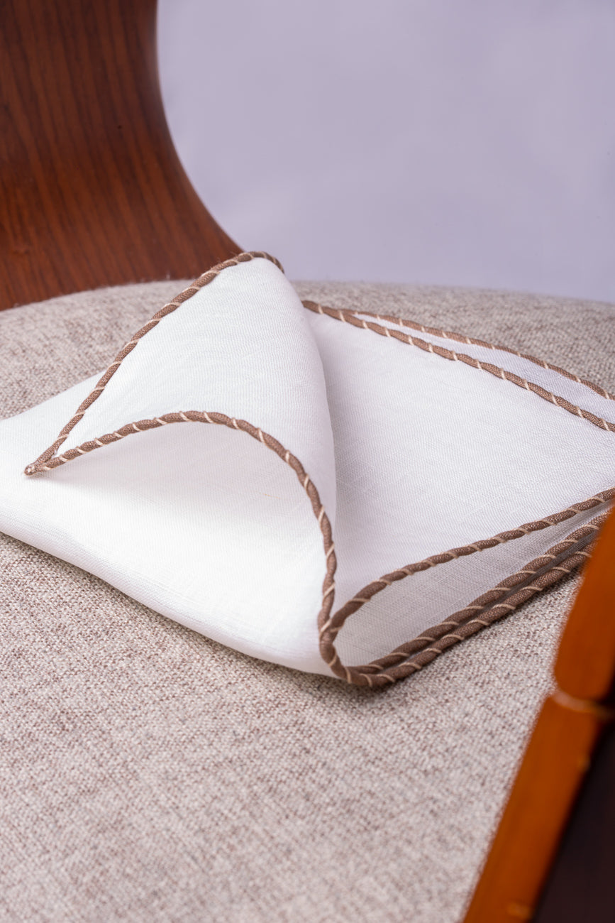 White linen pocket square with taupe and beige edges  - Made in Italy