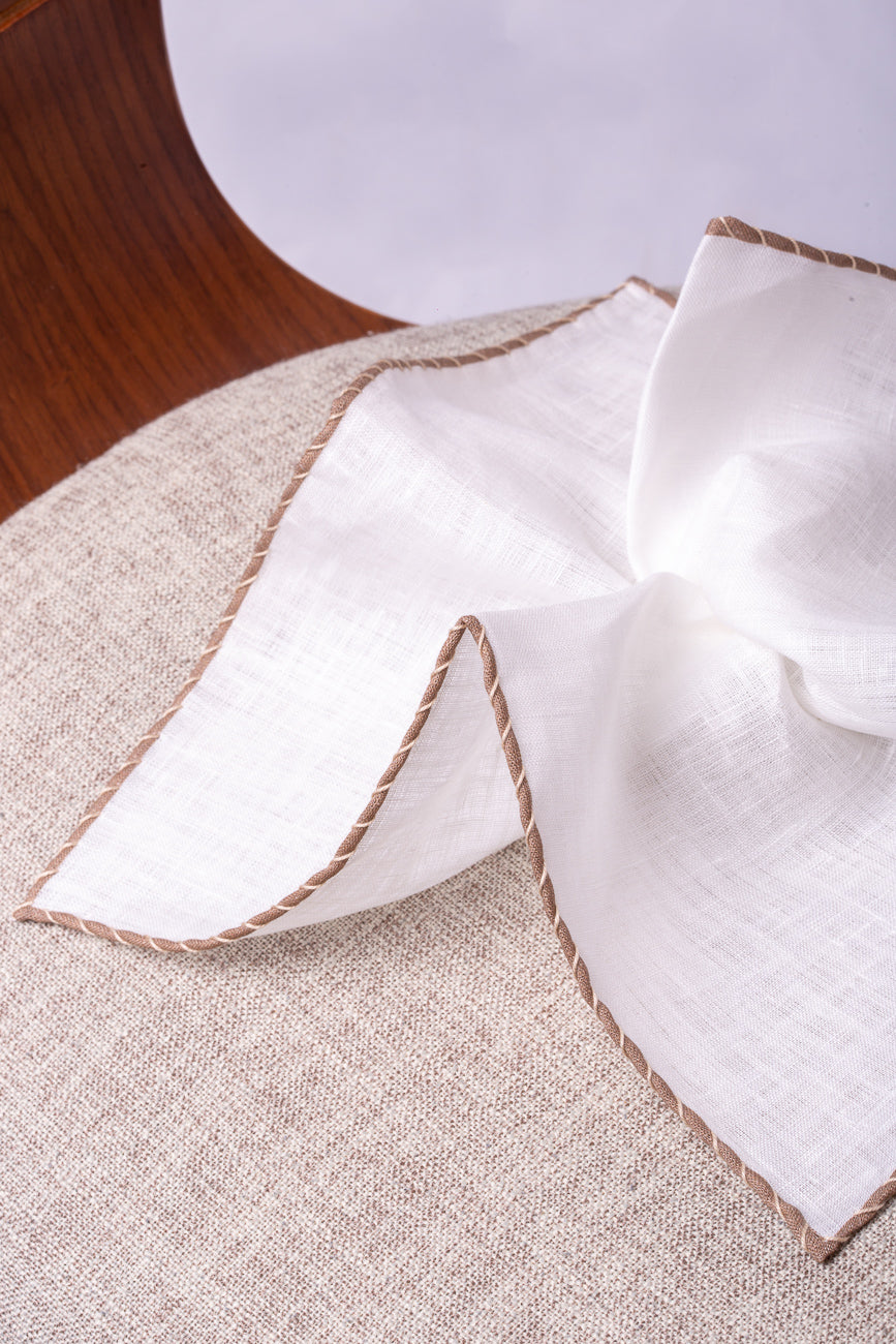 White linen pocket square with taupe and beige edges - Made in Italy
