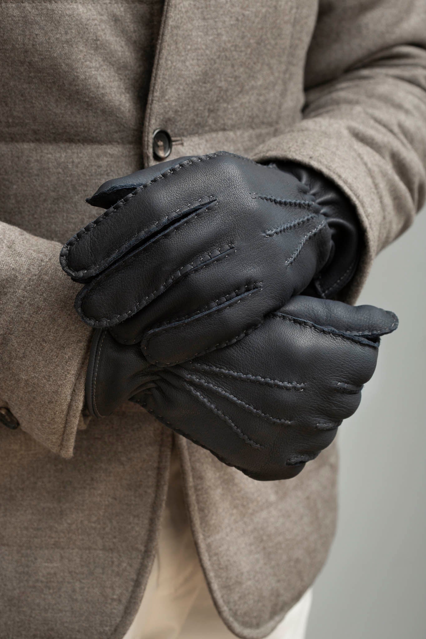 Dark blue Cashmere Lined Deerskin Leather Gloves - Made in Italy