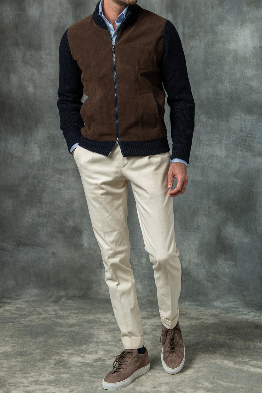 Cardigan bleu et marron - Alcantara & laine - Made in Italy