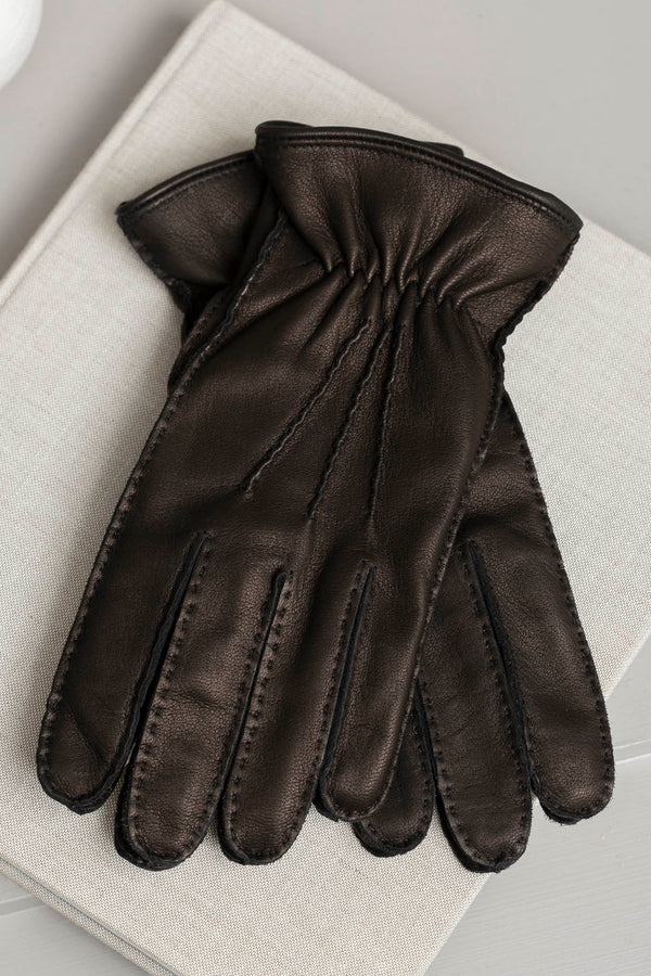 Dark Brown Cashmere Lined Deerskin Leather Gloves Made in Italy