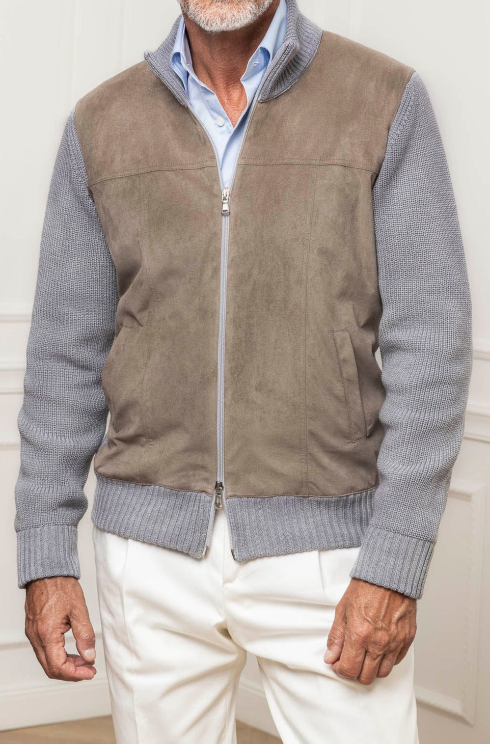 Cardigan grigio e taupe in Alcantara e lana - Made in Italy