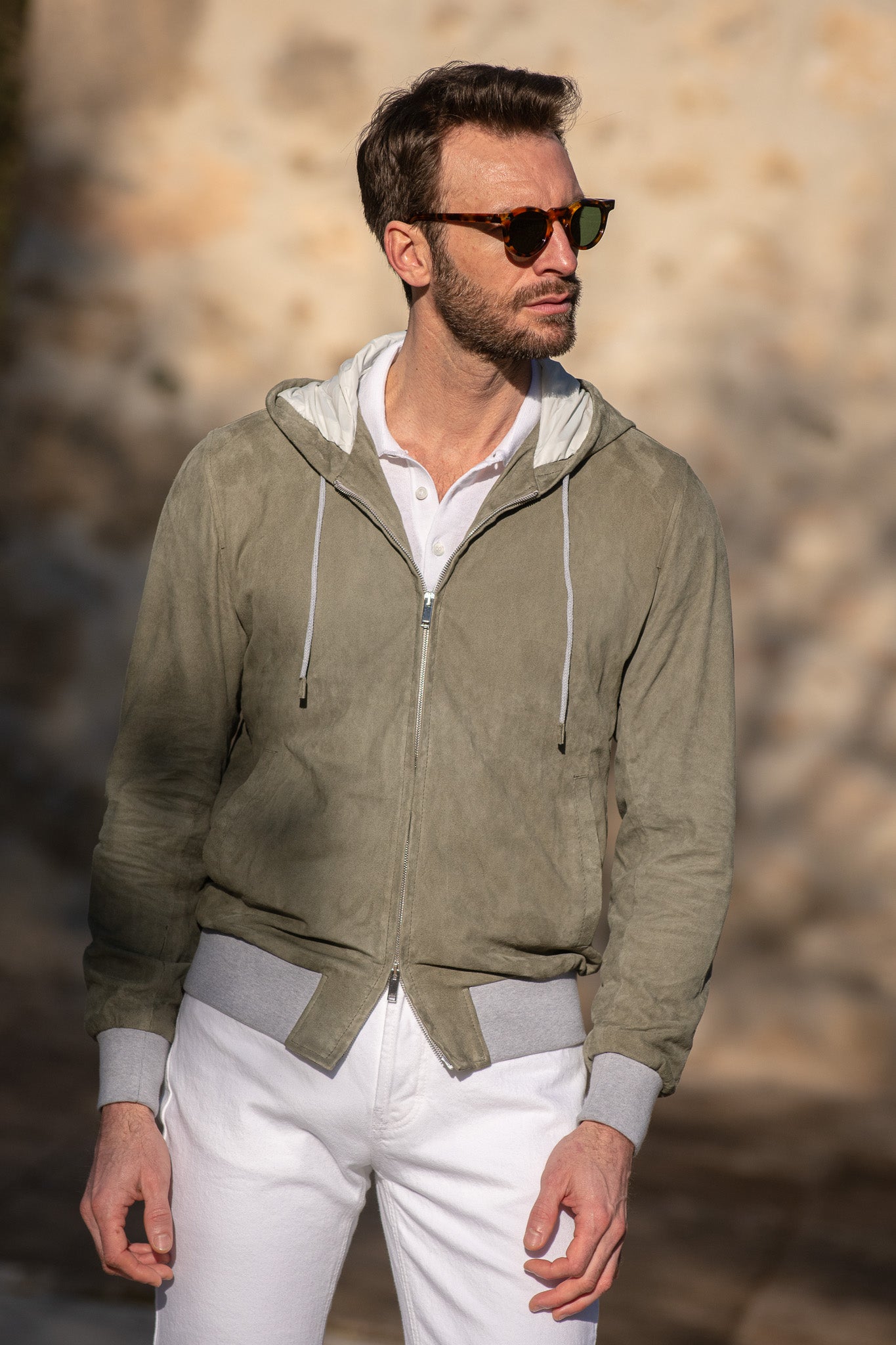 Sage suede hooded bomber jacket – Made in Italy