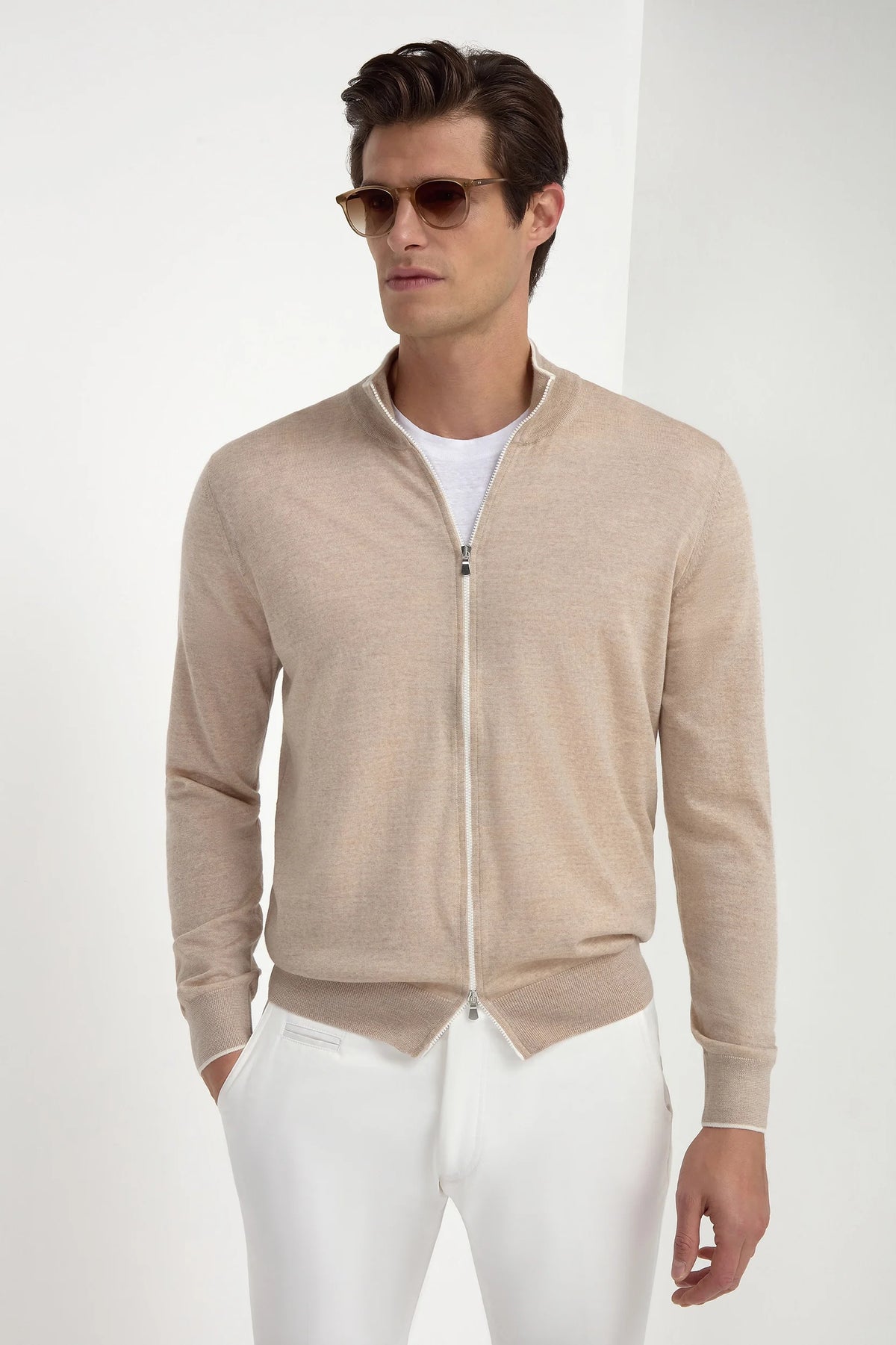 Cardigan full zip in lana Tasmania tortora - Made in Italy