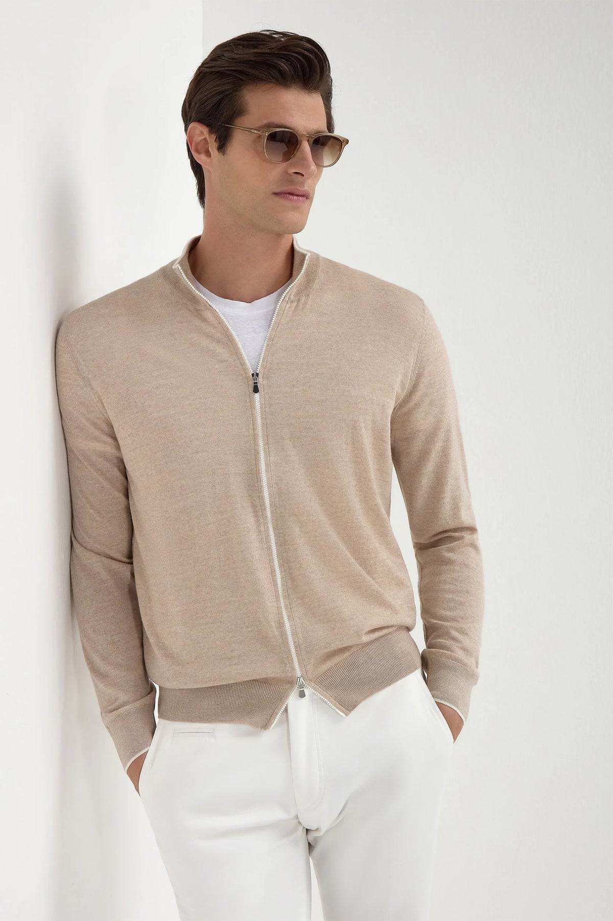 Cardigan full zip in lana Tasmania tortora - Made in Italy