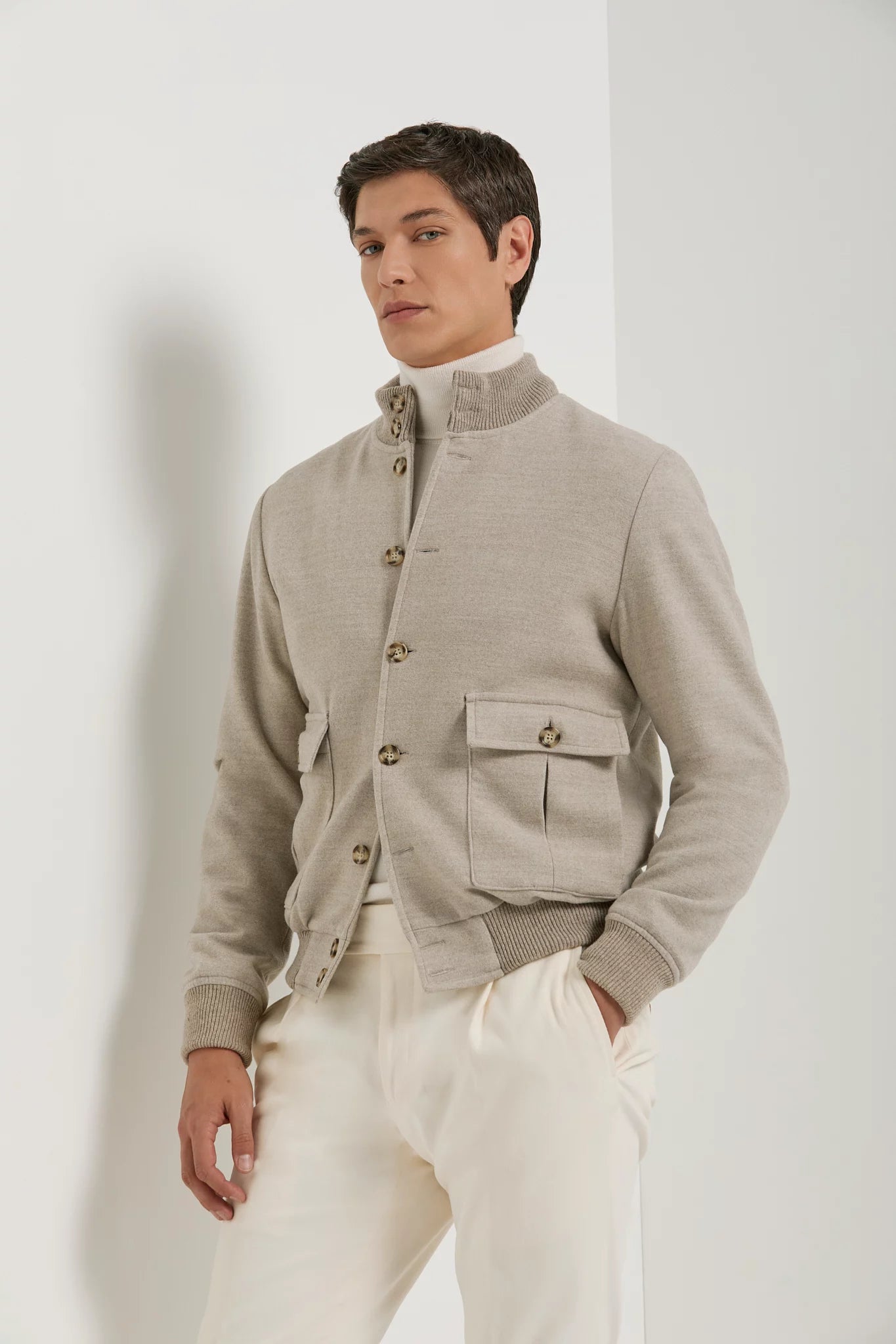 Men pini parma super 180's wool beige bomber made in italy 