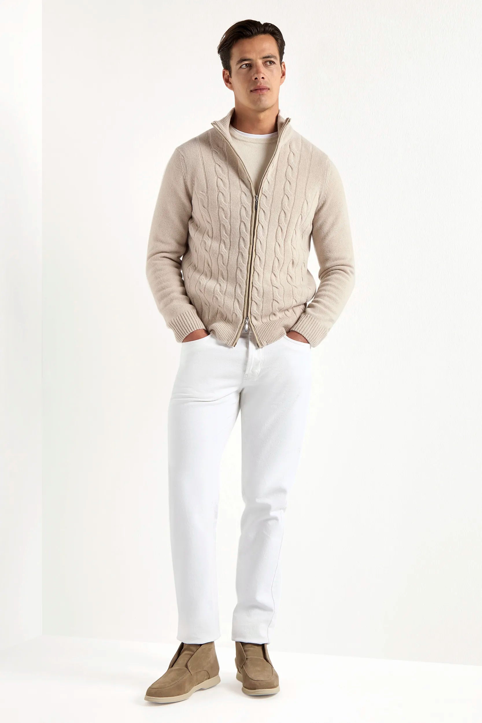 beige cable knit full zip, men's cashmere full zip, italian knit full zip, beige cashmere zip sweater, luxury men's full zip, elegant men's knitwear, refined cable knit full zip, tailored beige full zip, premium italian full zip, sophisticated men's zip sweater, timeless italian knitwear, upscale men's full zip, classic beige zip sweater, italian craftsmanship knitwear, premium men's cashmere zip, refined italian cable knit full zip
