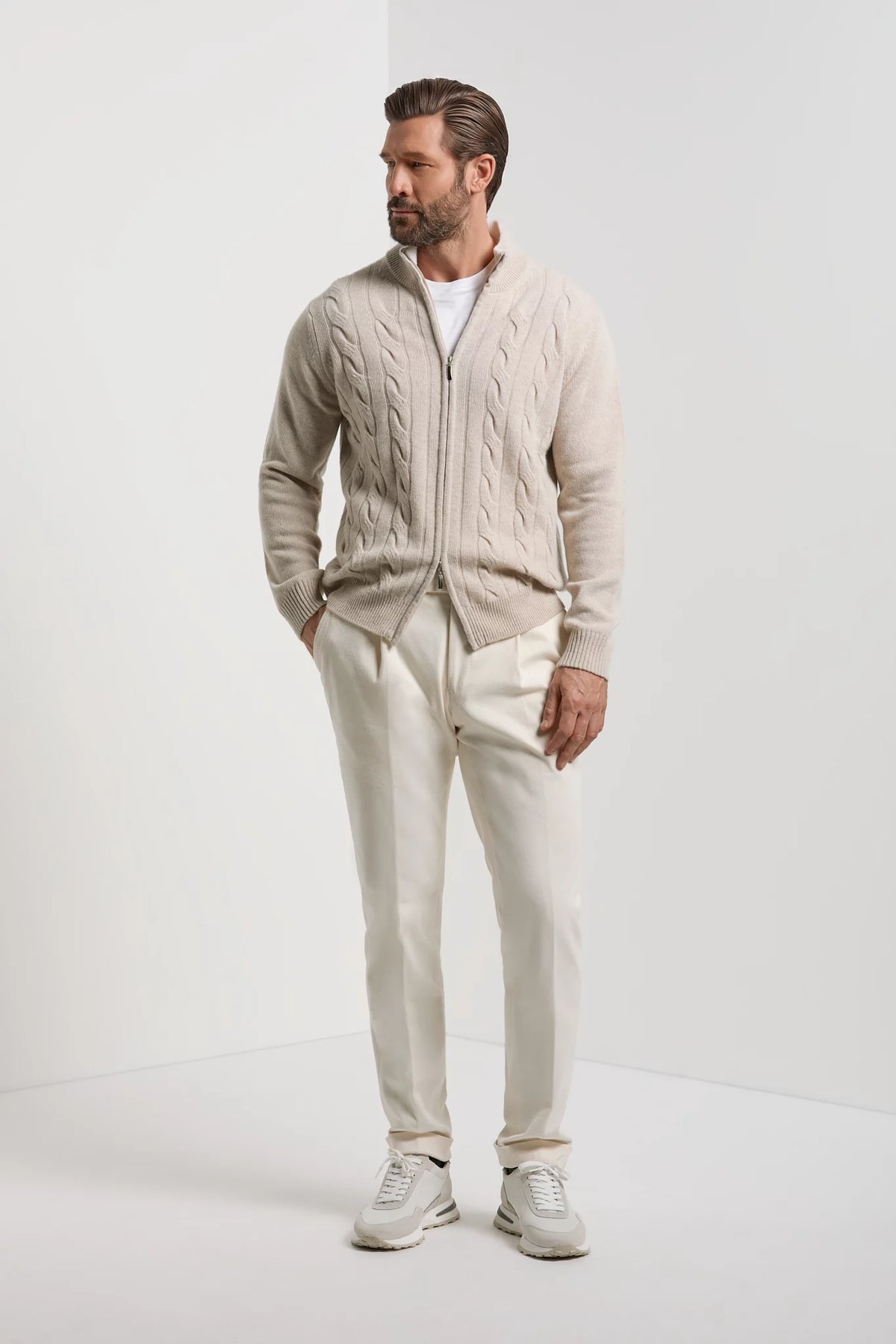 men pini parma beige cable knit full zip made in italy in wool 