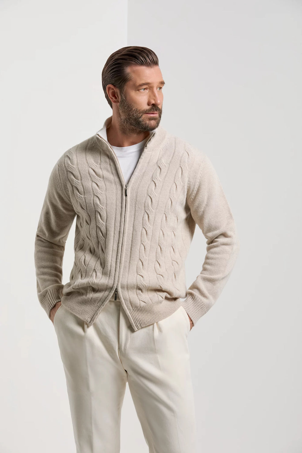 men pini parma beige cable knit full zip made in italy in wool 