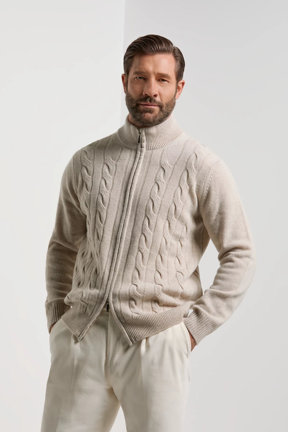 men pini parma beige cable knit full zip made in italy in wool 