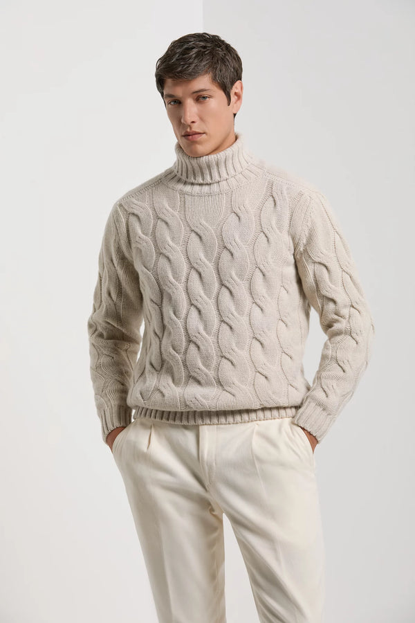 Pini Parma men made in Italy beige cable knit turtleneck sweater 