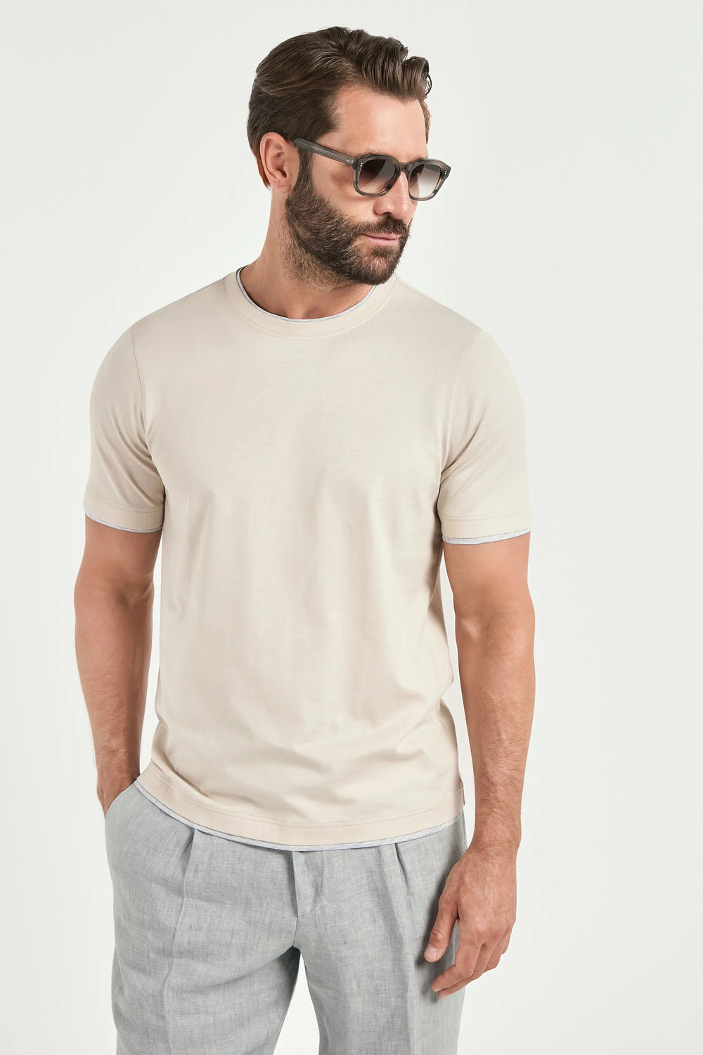beige cotton t-shirt, men's beige t-shirt, italian cotton tee, beige collar detail t-shirt, luxury men's t-shirt, elegant men's tee, refined cotton t-shirt, tailored beige t-shirt, premium italian t-shirt, sophisticated men's t-shirt, timeless italian t-shirt, upscale men's tee, classic beige t-shirt, italian craftsmanship t-shirt, premium men's cotton t-shirt, refined italian collar t-shirt