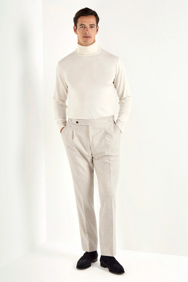 beige flannel trousers, men's beige trousers, italian flannel pants, beige roma trousers, luxury men's trousers, elegant men's pants, refined flannel trousers, tailored beige trousers, premium italian trousers, sophisticated men's flannel pants, timeless italian trousers, upscale men's trousers, classic beige pants, italian craftsmanship trousers, premium men's flannel trousers, refined italian roma trousers