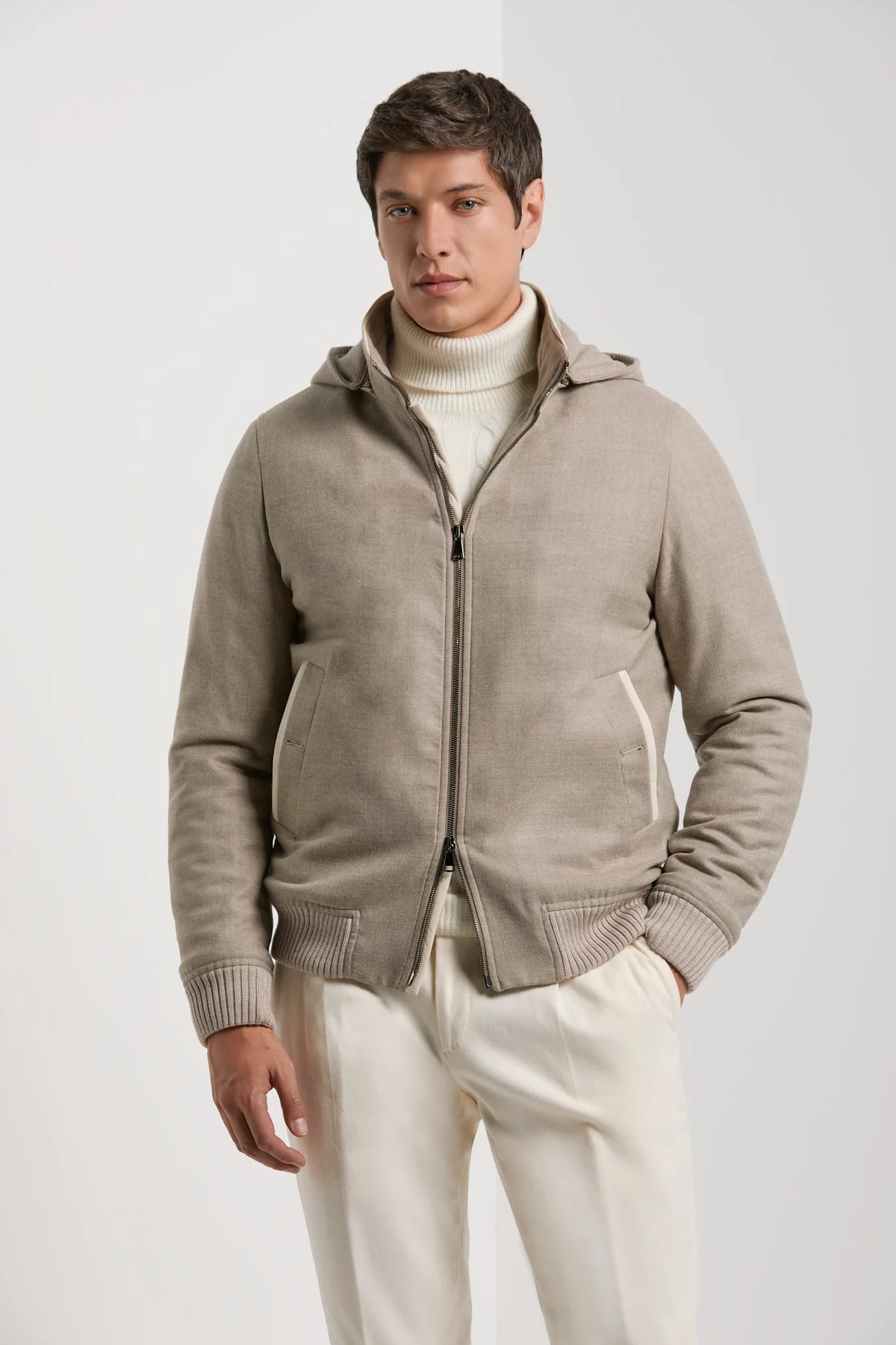 men pini parma beige hooded bomber made in italy in Loro Piana wool 