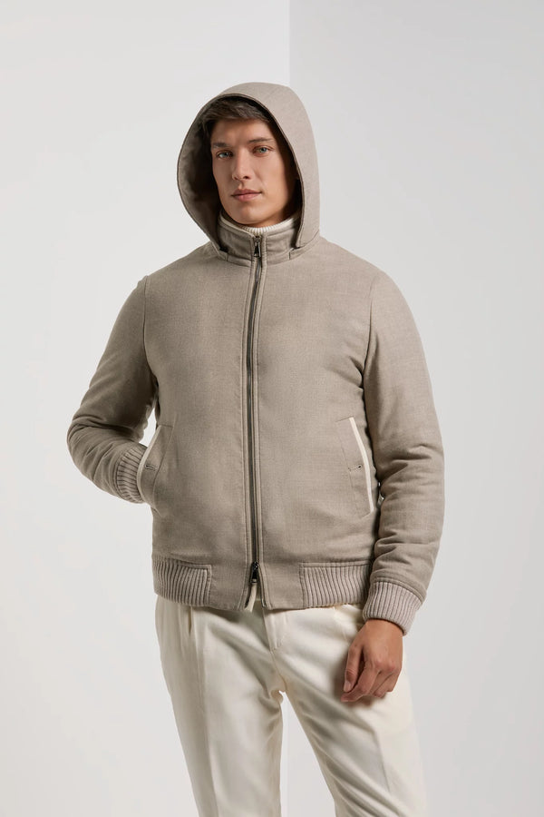 men pini parma beige hooded bomber made in italy in Loro Piana wool 