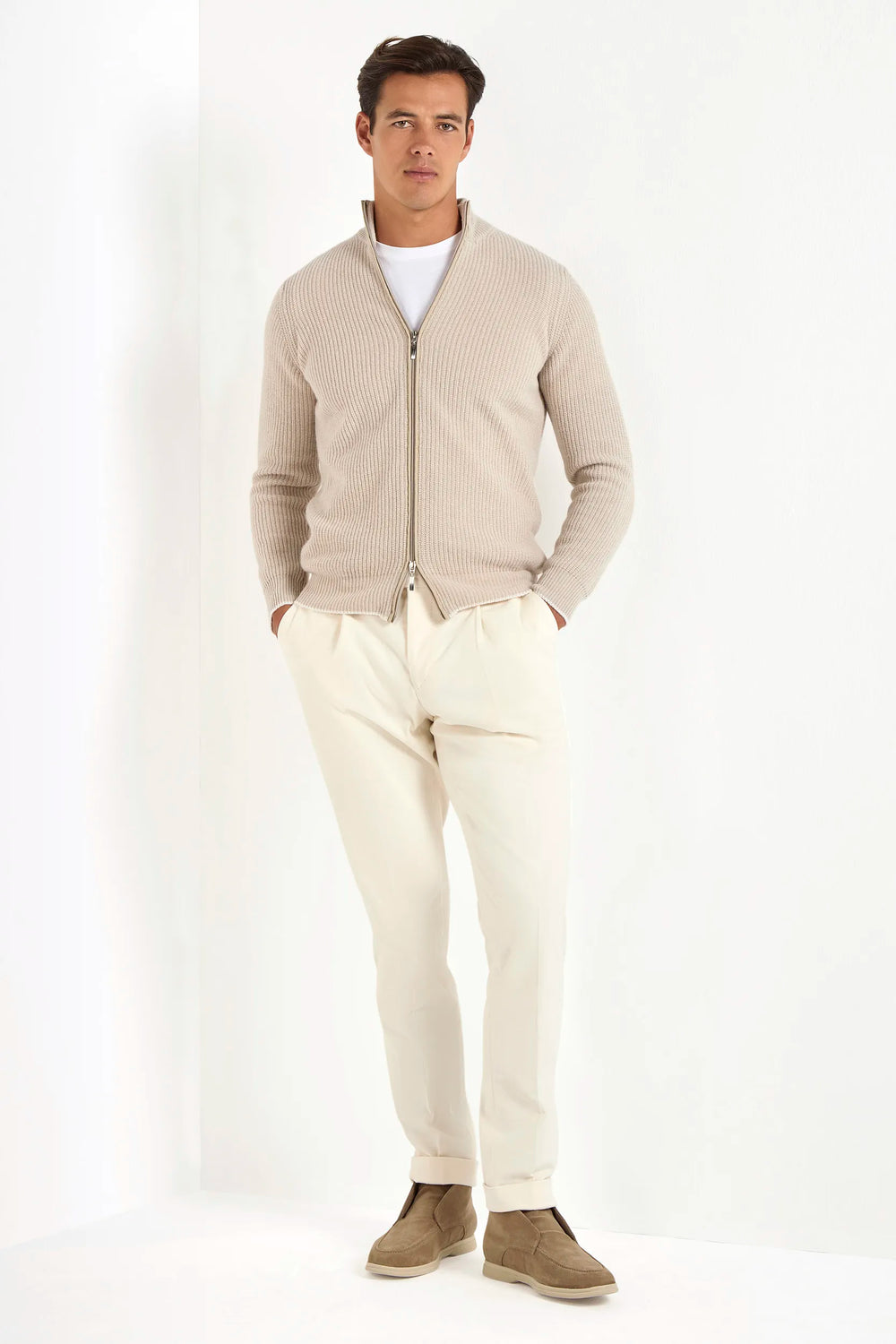 beige ribbed full zip, men's cashmere full zip, italian knit full zip, beige cashmere zip sweater, luxury men's full zip, elegant men's knitwear, refined ribbed full zip, tailored beige full zip, premium italian full zip, sophisticated men's zip sweater, timeless italian knitwear, upscale men's full zip, classic beige zip
